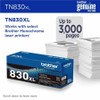 Brother Original Laser Toner Cartridge - Black - 1 Each - 3000 Pages (TN830XL)