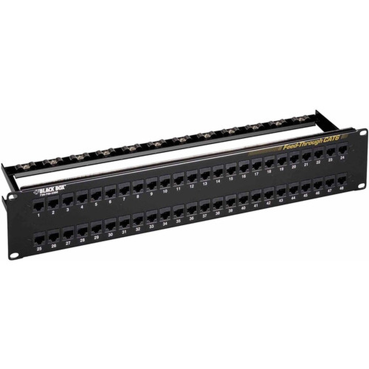 Black Box CAT6 Feed-Through Patch Panel - 2U Unshielded 48-Port - 48 Ports - 48 x RJ-45 - 2U High - 19 Wide - Rack-mountable - JPM820A