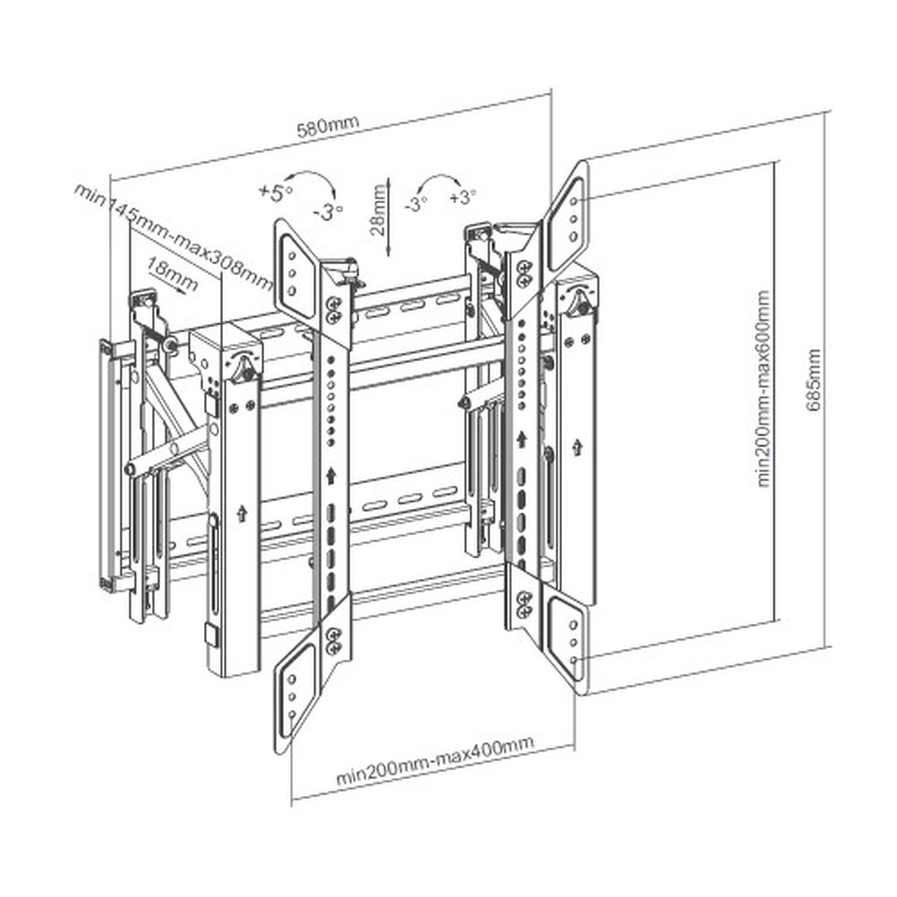 Video Wall Portrait TV Mount Bracket Fully Adjustable - Fits Sizes 45-70 inches - Maximum VESA 600x400 FN-MT-1520-BK