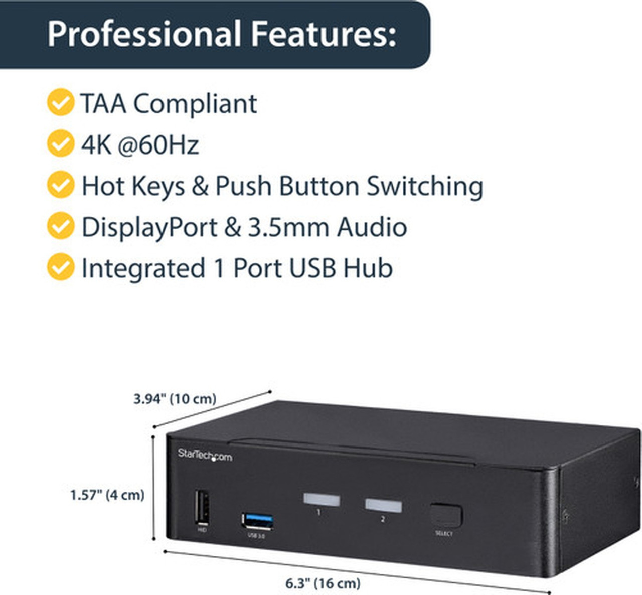 StarTechcom 2-Port DisplayPort KVM Switch - 4K 60Hz - DisplayPort 12 KVM Switch SV231DPU34K - TAA compliant DisplayPort KVM switch SV231DPU34K