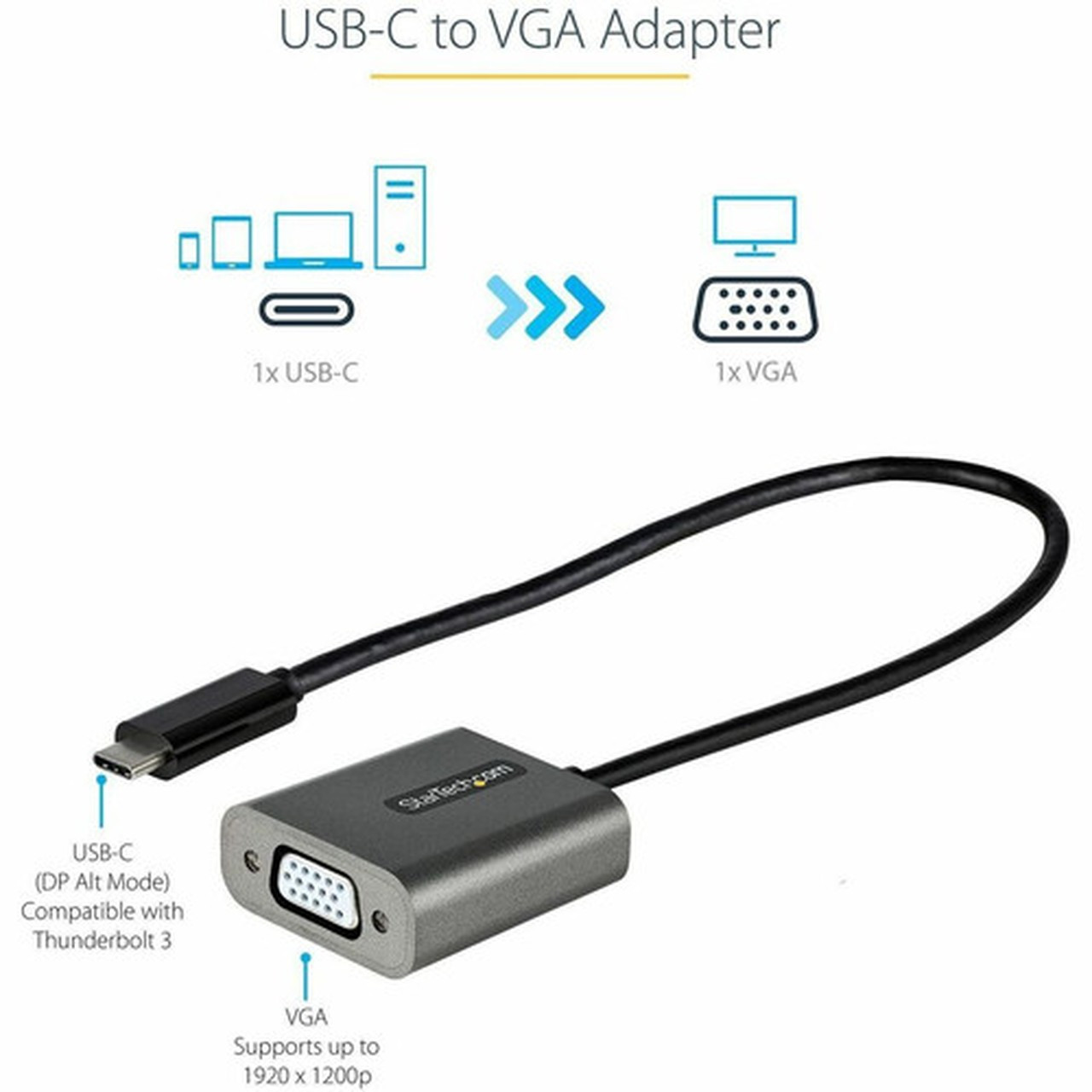StarTechcom USB C to VGA Adapter 1080p USB Type-C to VGA Adapter Dongle USB-C to VGA MonitorDisplay Video Converter 12 Long - to CDP2VGAEC