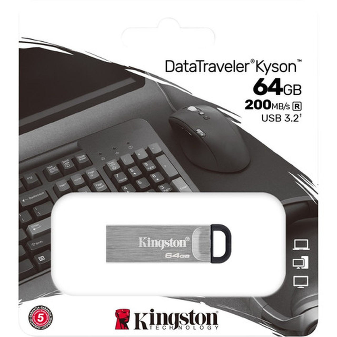 Kingston DataTraveler Kyson 64GB USB 32 Gen 1 Type A Flash Drive - 64 GB - USB 32 Gen 1 Type A - 200 MBs Read Speed - Silver - DTKN64GB