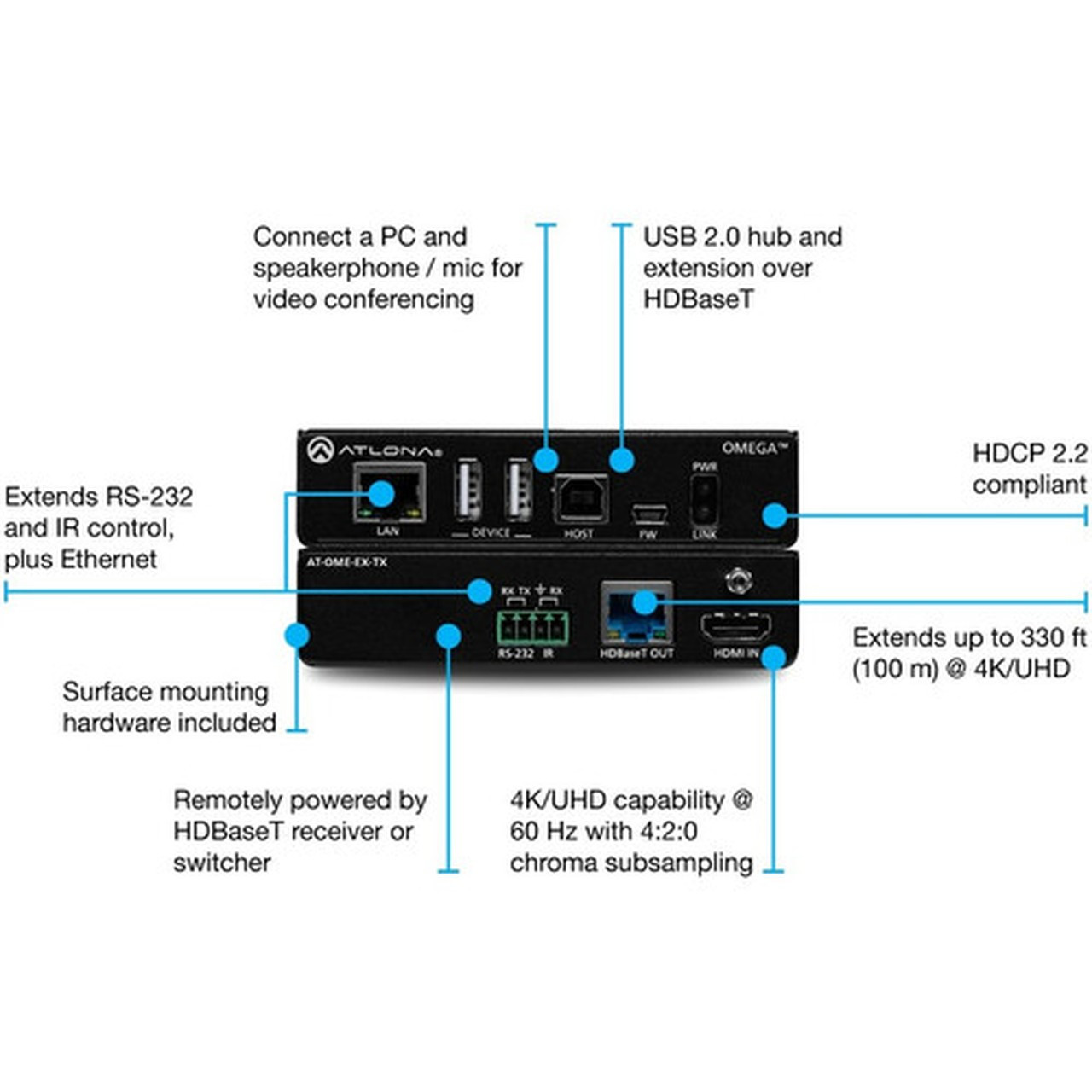 Atlona HDBaseT Transmitter for HDMI with USB - 1 Input Device - 330 ft 100584 mm Range - 2 x Network RJ-45 - 4 x USB - 1 x HDMI In AT-OME-EX-TX