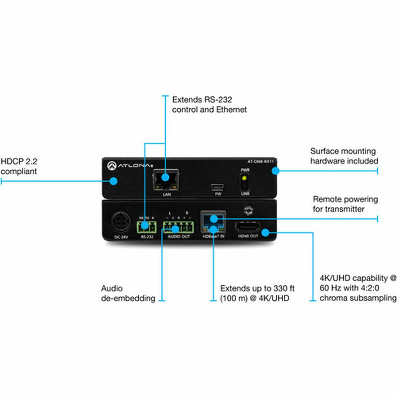 Atlona HDBaseT Receiver for HDMI with Audio - 1 Output Device - 330 ft 100584 mm Range - 2 x Network RJ-45 - 1 x USB - 1 x HDMI - AT-OME-RX11