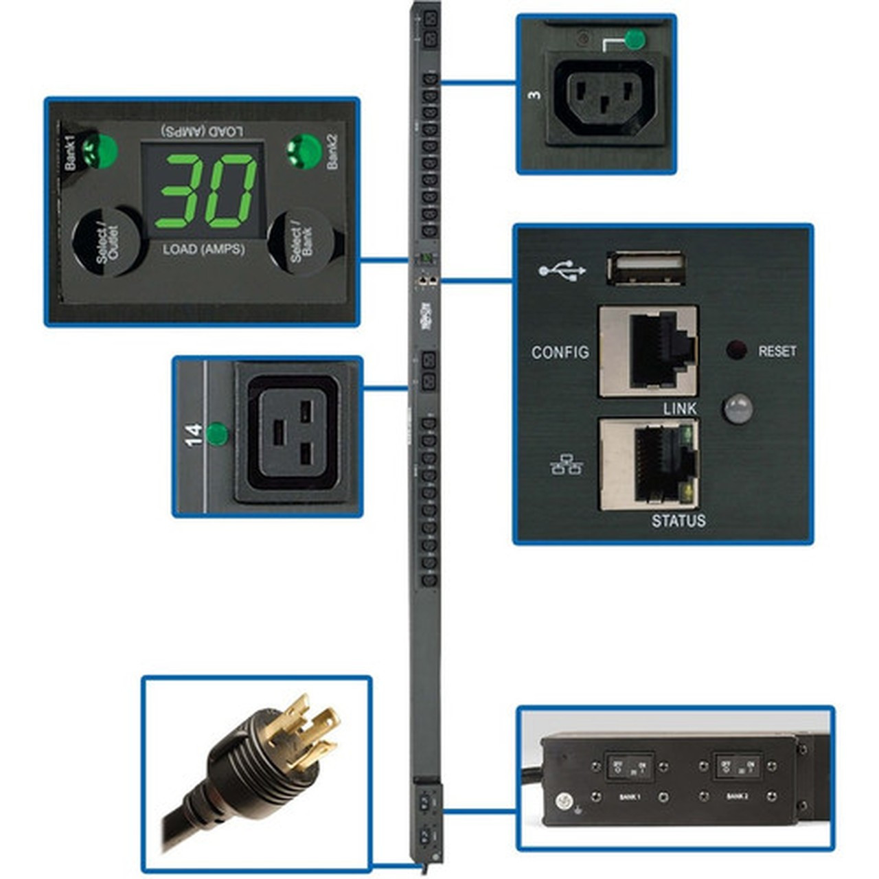 Tripp Lite PDUNVR30HVLX 24-Outlets PDU - Monitored - NEMA L6-30P - 20 x IEC 60320 C13 4 x IEC 60320 C19 - 230 V AC - Network RJ-45 PDUNVR30HVLX