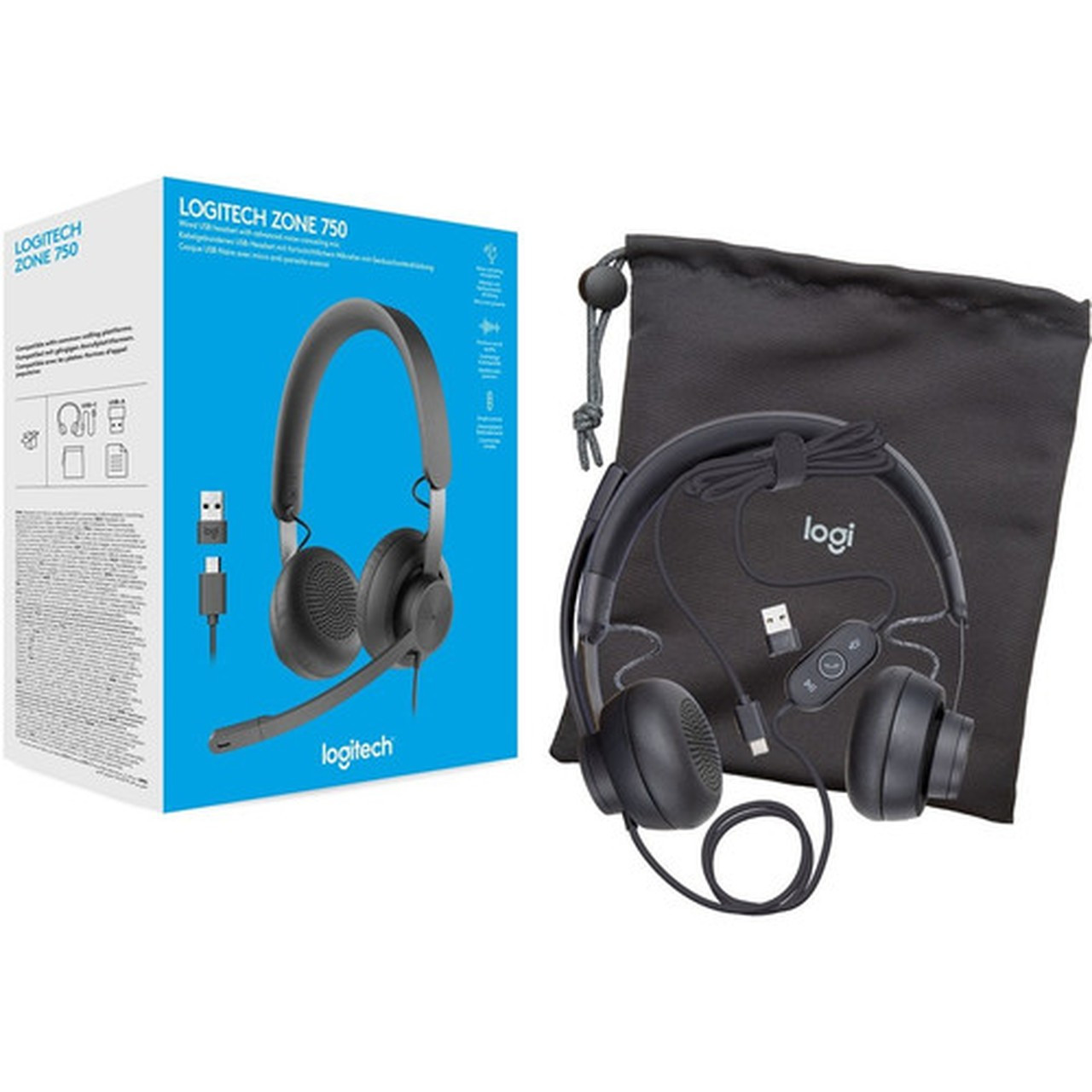 Logitech Zone 750 Wired On-Ear Headset with advanced noise-canceling microphone simple USB-C and included USB-A adapter for all - - 981-001103