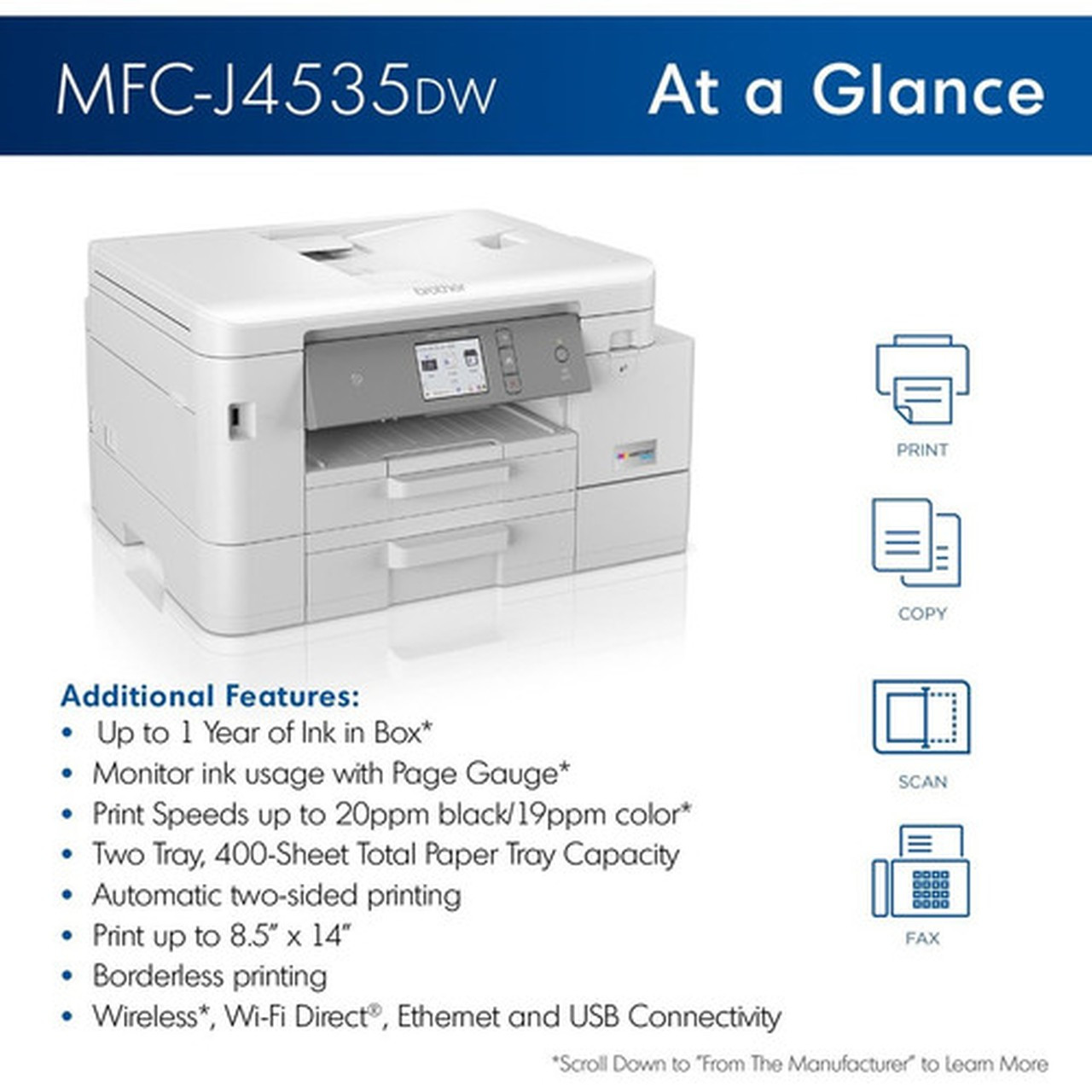 MFC-J4535DW INKvestment Tank All-in-One Multifunction Colour Inkjet Printer - CopierFaxPrinterScanner - 4800 x 1200 dpi Print - - - MFCJ4535DW