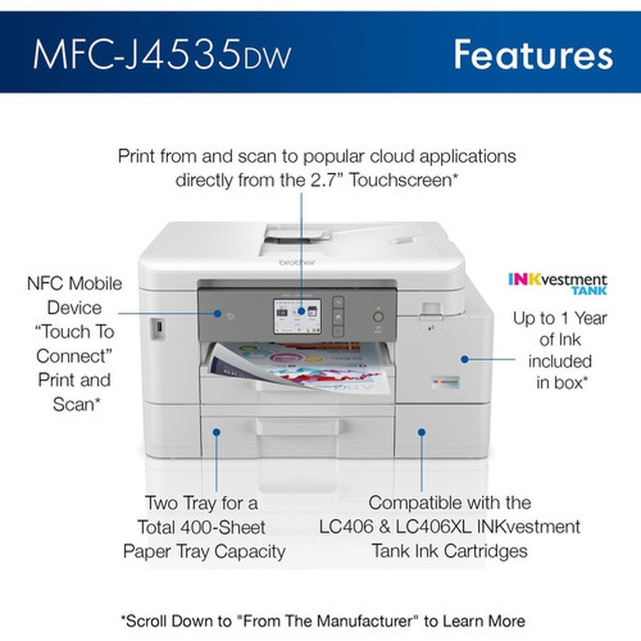 MFC-J4535DW INKvestment Tank All-in-One Multifunction Colour Inkjet Printer - CopierFaxPrinterScanner - 4800 x 1200 dpi Print - - - MFCJ4535DW