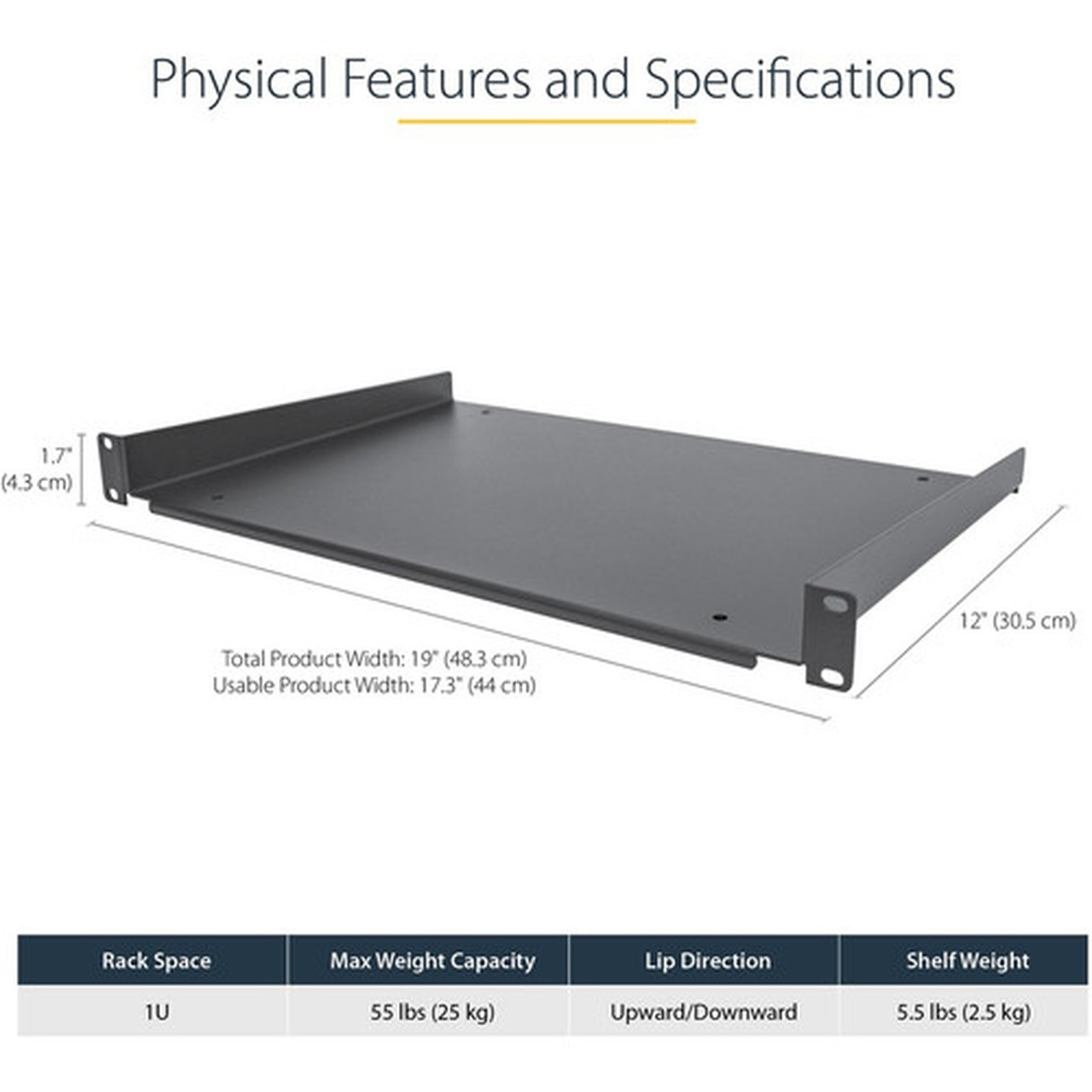 StarTechcom 1U Server Rack Cabinet Shelf - Fixed 12 Deep Cantilever Rackmount Tray for 19 DataAVNetwork Enclosure wcage nuts - SHELF-1U-12-FIXED-S