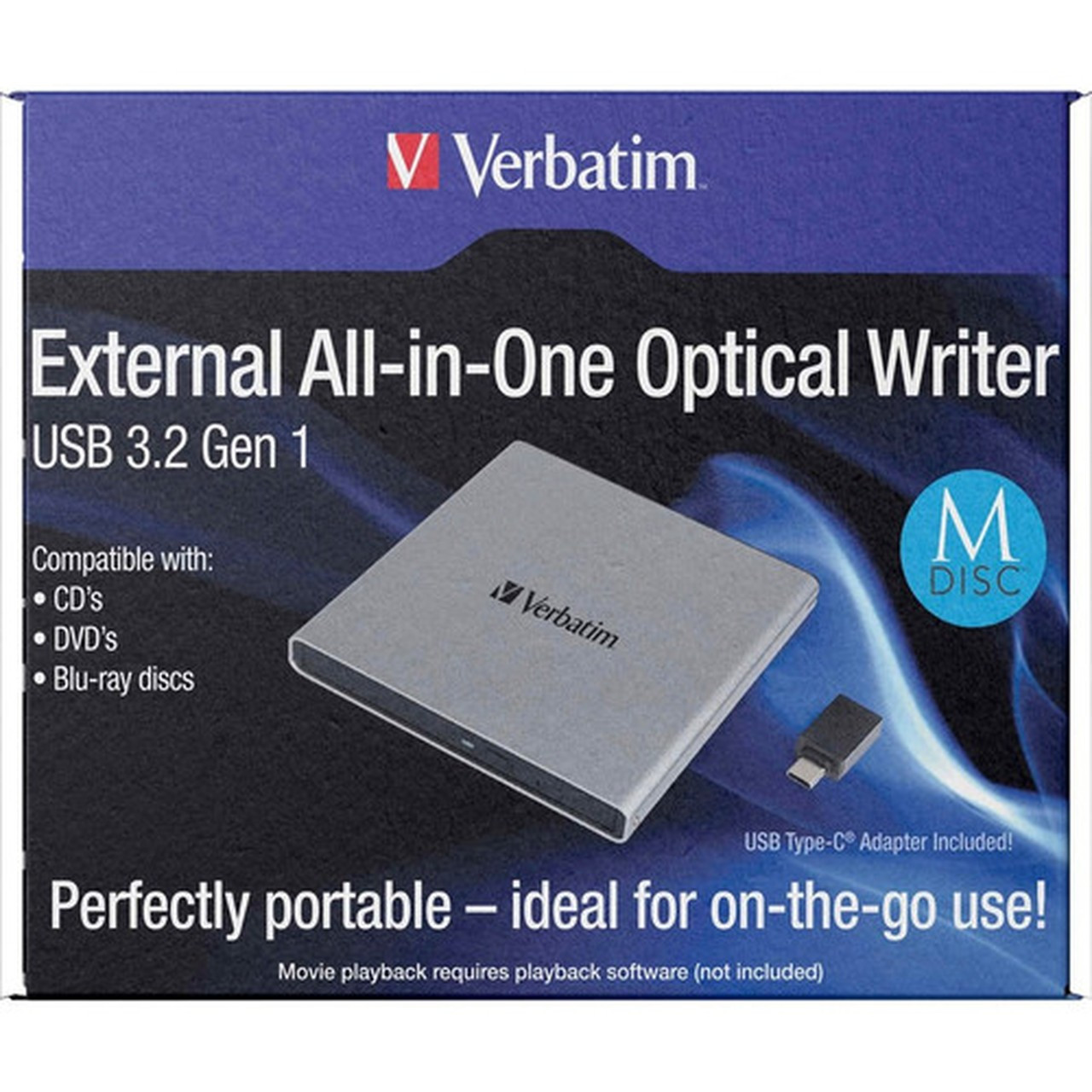 Verbatim Portable Blu-ray Writer - External - BD-RRE Support24x CD Write6x BD Write8x DVD Write - USB 32 Gen 1 71094