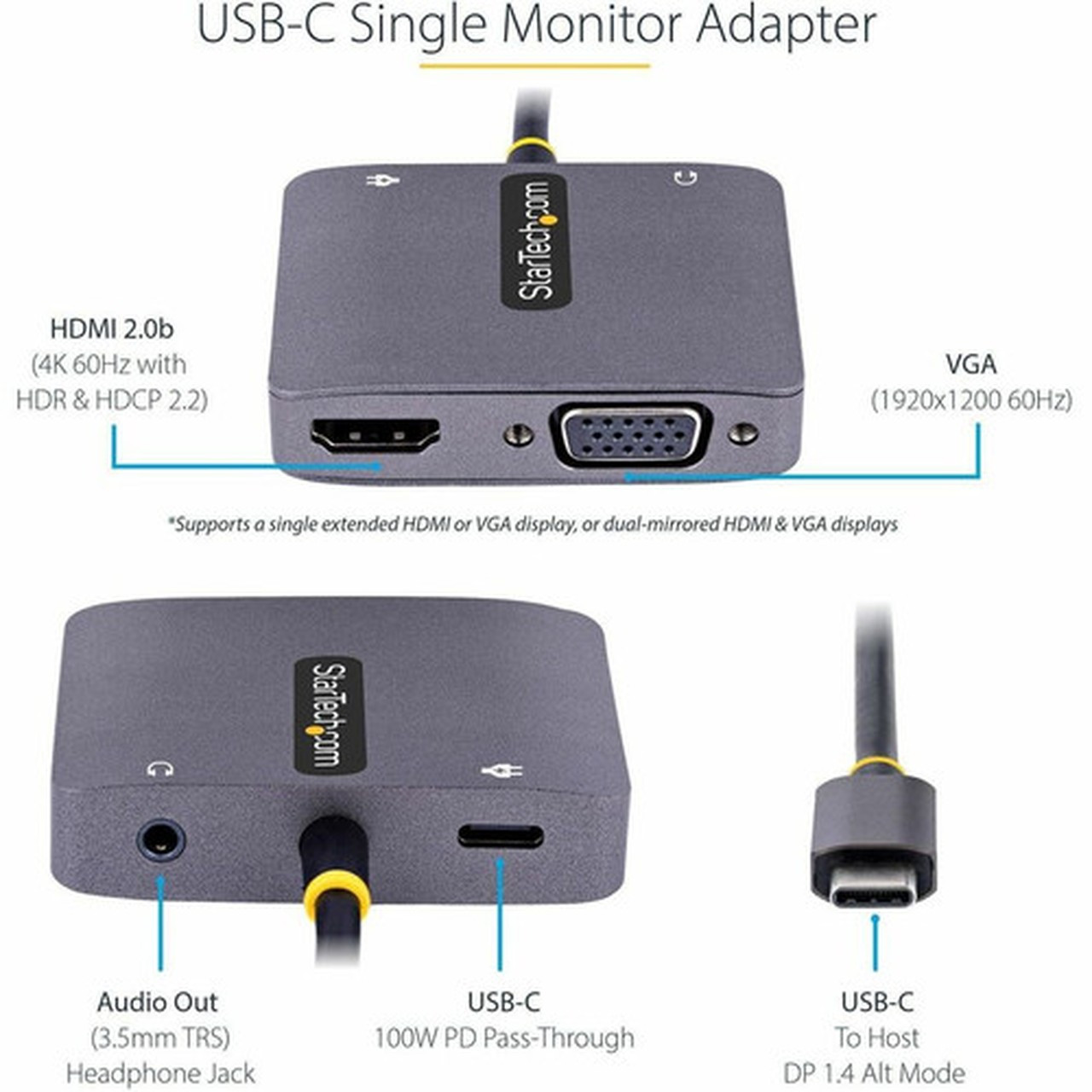 StarTechcom USB C Video Adapter USB C to HDMI VGA Multiport Adapter 35mm Audio 4K 60Hz HDR 100W PD 30 PT USB C Display Adapter 122-USBC-HDMI-4K-VGA