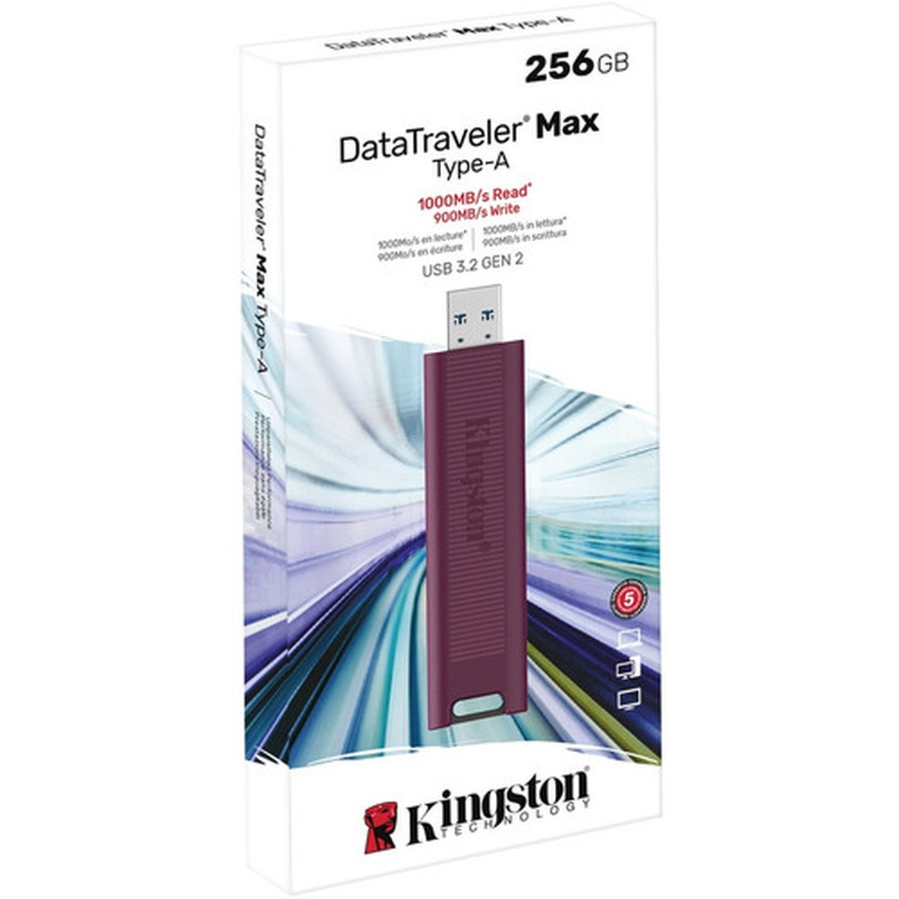 Kingston DataTraveler Max USB 32 Gen 2 Series Flash Drive - 256 GB - USB 32 Gen 2 Type A - 1000 MBs Read Speed - 900 MBs Write - DTMAXA256GB