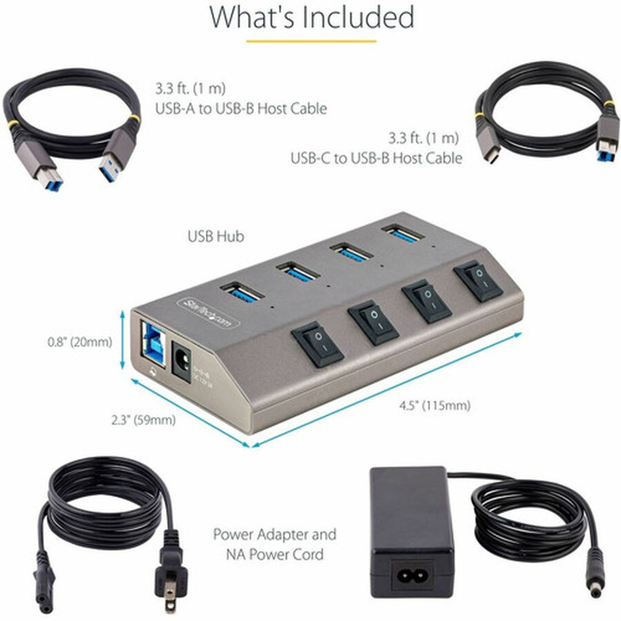 StarTechcom 4-Port Self-Powered USB-C Hub with Individual OnOff Switch DesktopLaptop USB-C to USB-A Hub USB Type C Hub wPower - 5G4AIBS-USB-HUB-NA