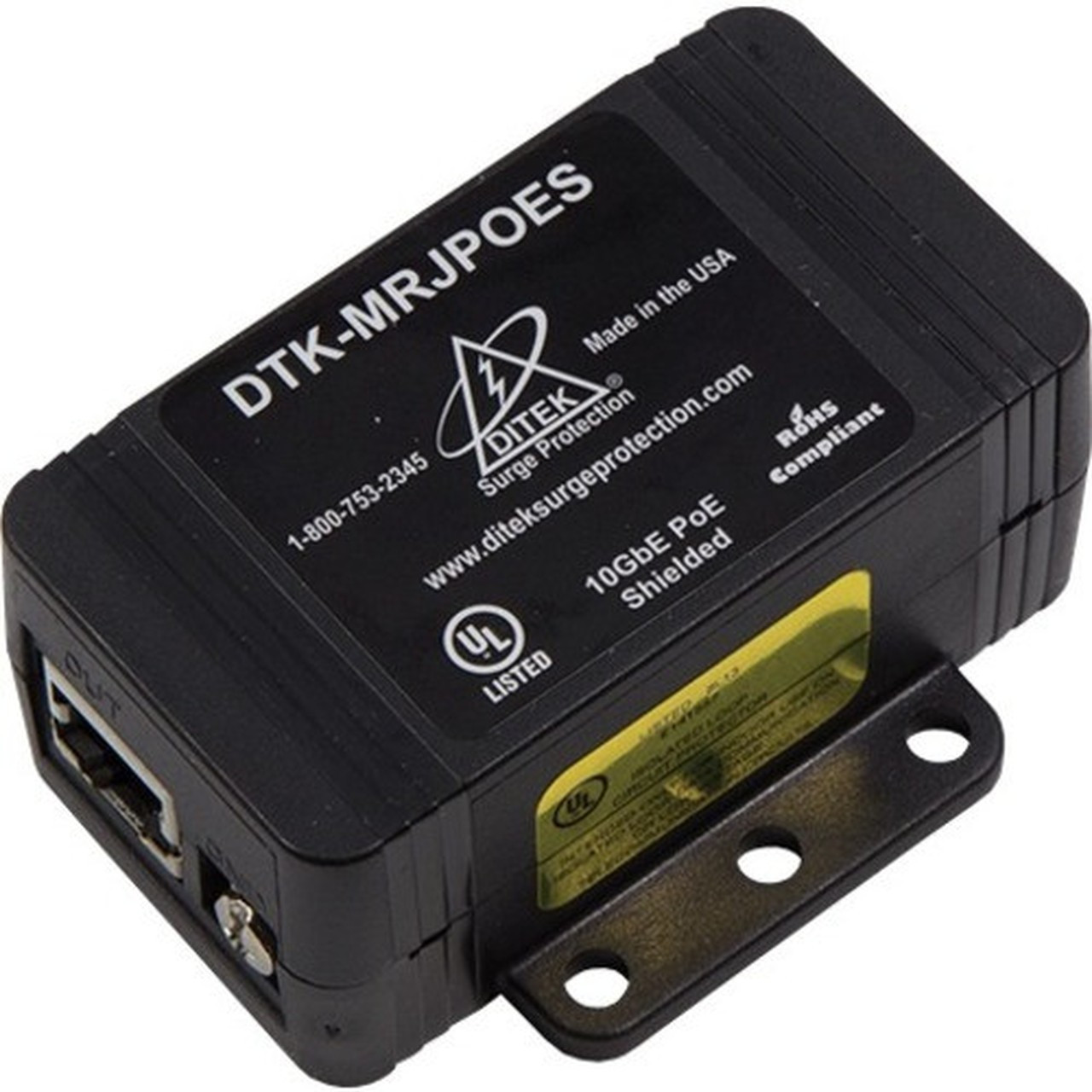 DITEK DTK-MRJPOES Shielded Gigabit Power Over Ethernet Surge Protection - RJ-45 - 144 VA - 48 V Input - Network - TAA Compliant DTK-MRJPOES