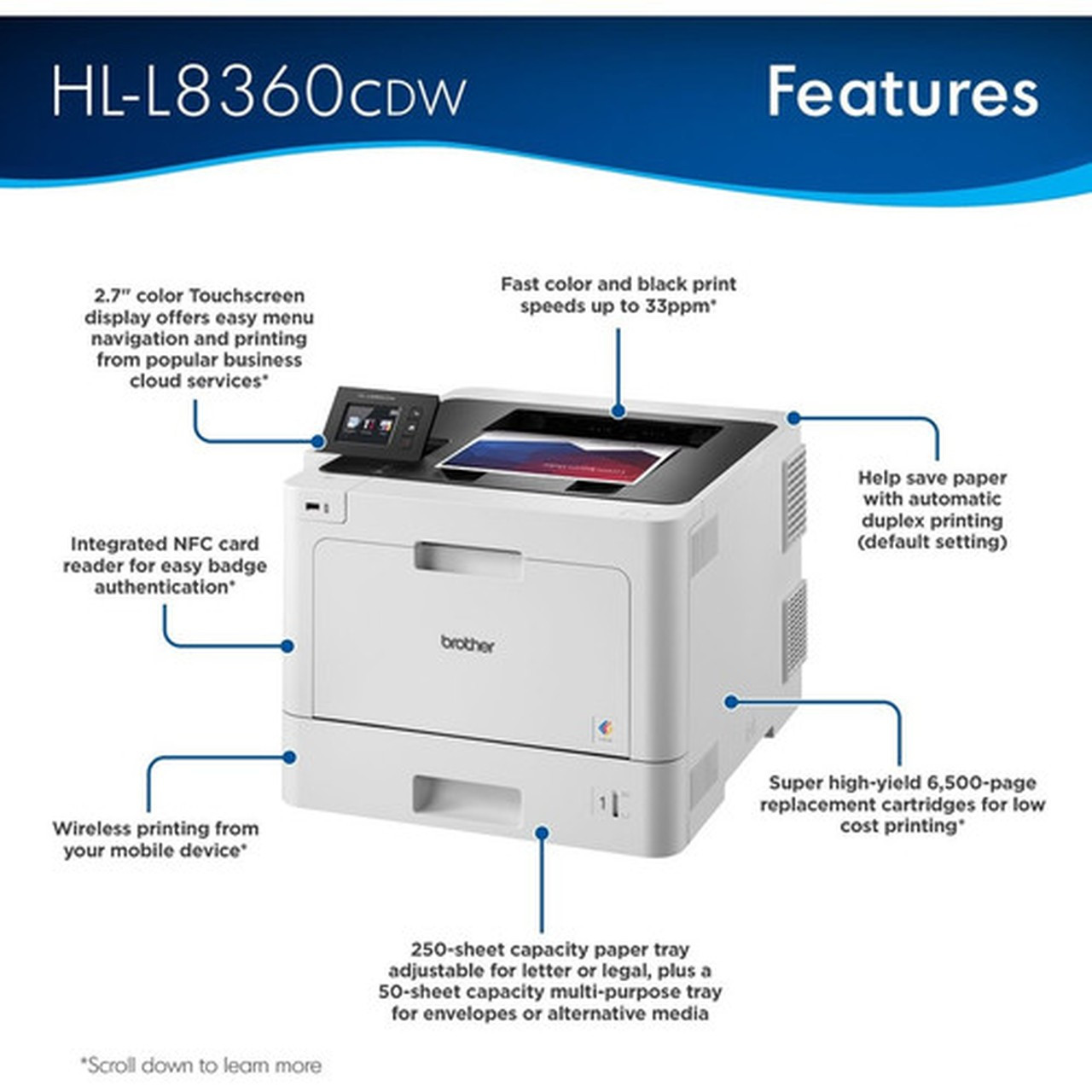 Brother HL HL-L8360CDW Desktop Laser Printer - Color - 33 ppm Mono  33 ppm Color - 2400 x 600 dpi class - Automatic Duplex Print - - HLL8360CDW