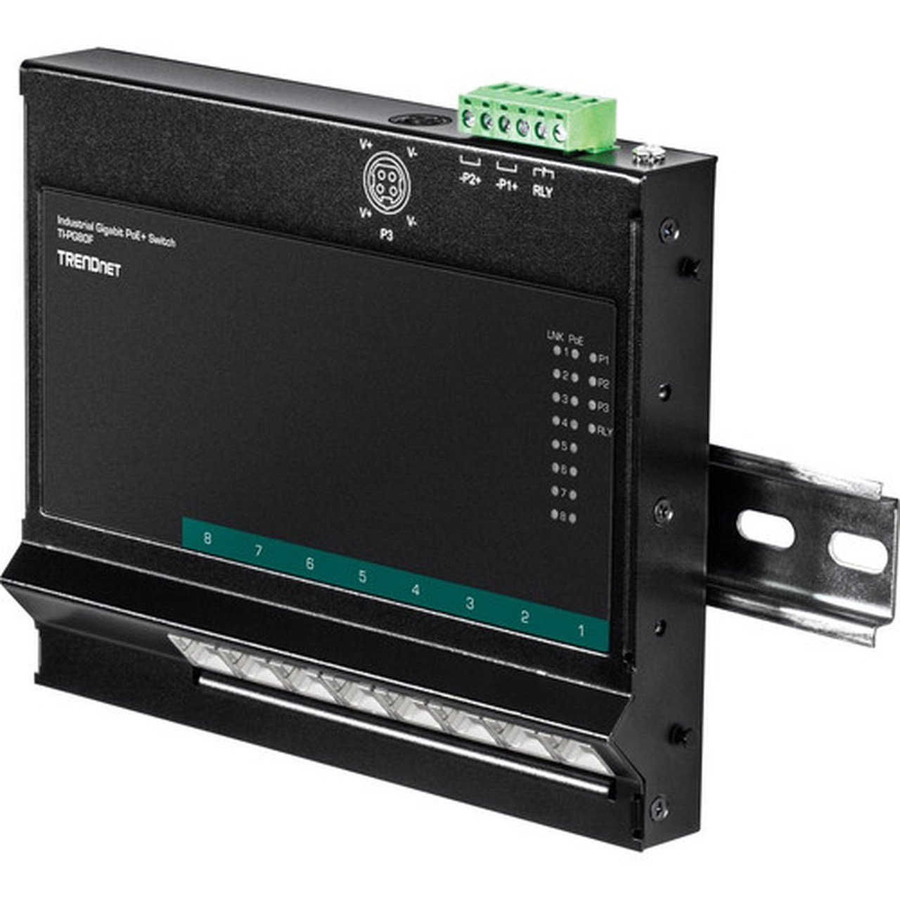 TRENDnet 8-Port Industrial Gigabit Poe Wall-Mounted Front Access Switch 8X Gigabit Poe Ports DIN-Rail Mount 48 57V DC Power 200W TI-PG80F