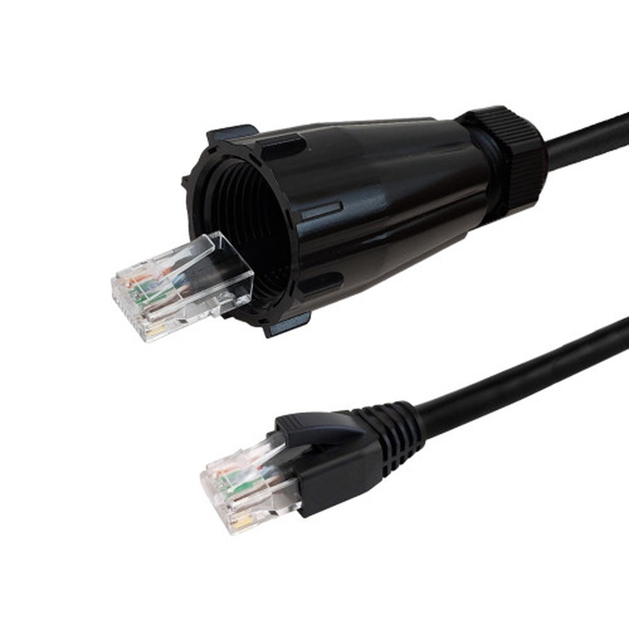 RJ45 Male with IP68 Shroud to RJ45 Cat6 UTP Gel Filled Outdoor UV  Direct Burial Patch Cable - Black - 1ft