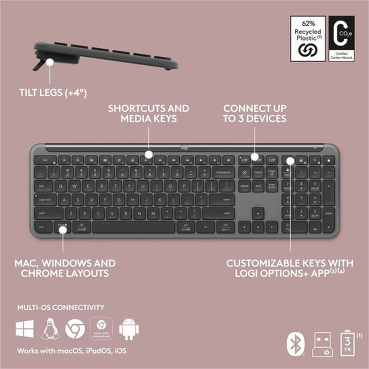Logitech Signature Slim K950 Keyboard - Wireless Connectivity - Bluetooth - 3281 ft 10000 mm - USB Type A Interface Home Play Hot 920-012424