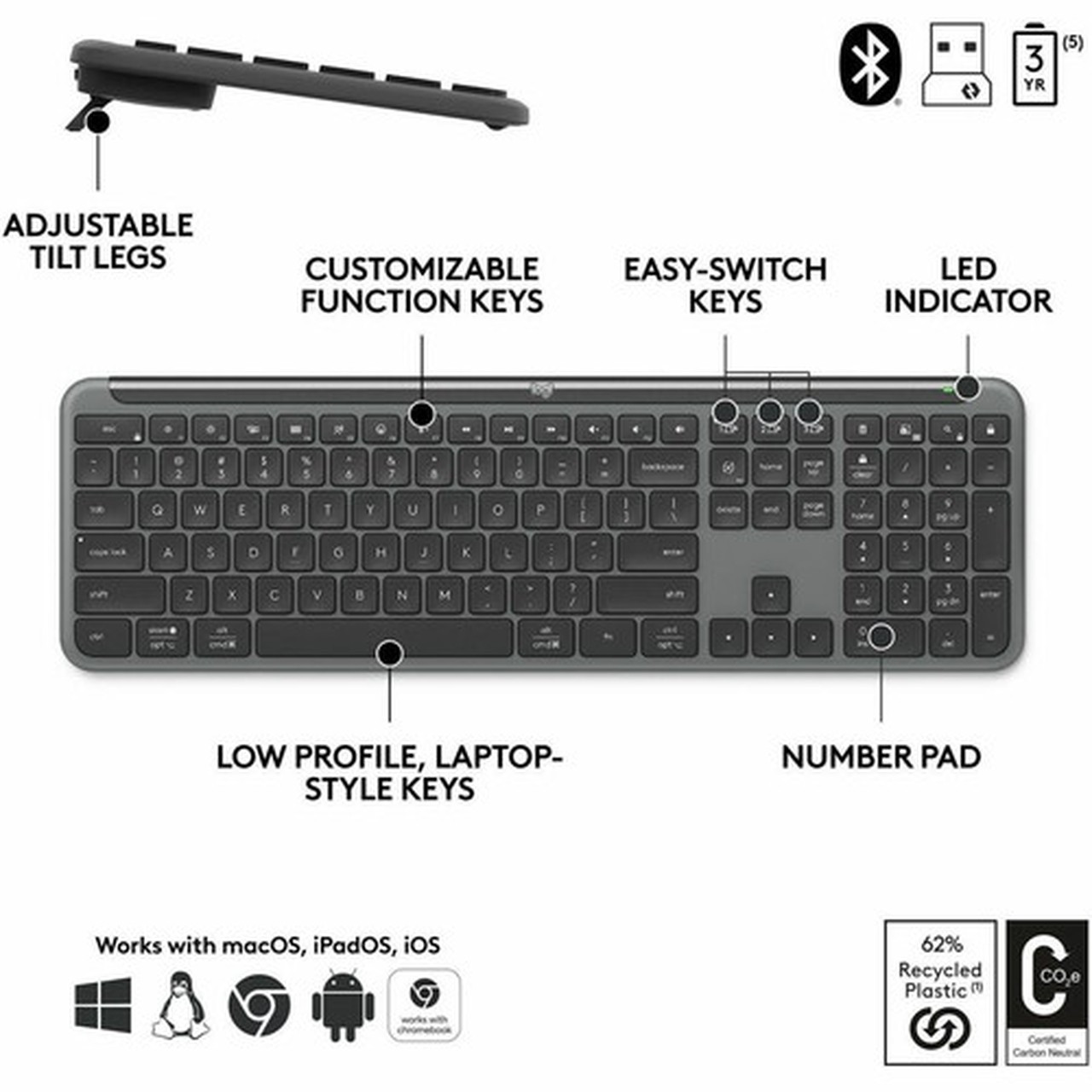 Logitech Signature Slim for Business MK955 Keyboard  Mouse - USB Type A Wireless Bluetooth 51 Keyboard - Graphite - USB Type A Mouse 920-012427