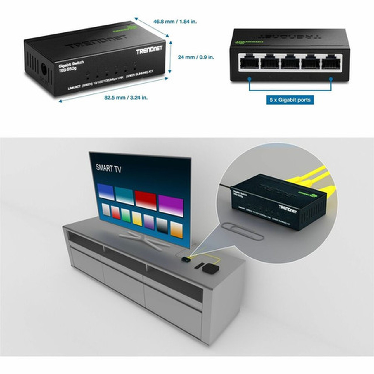 TRENDnet_5-Port_Unmanaged_Gigabit_GREENnet_Desktop_Metal_Switch_Ethernet-Network_Switch_5_x_Gigabit_Ports_Fanless_10_Gbps_Fabric_TEG-S50G