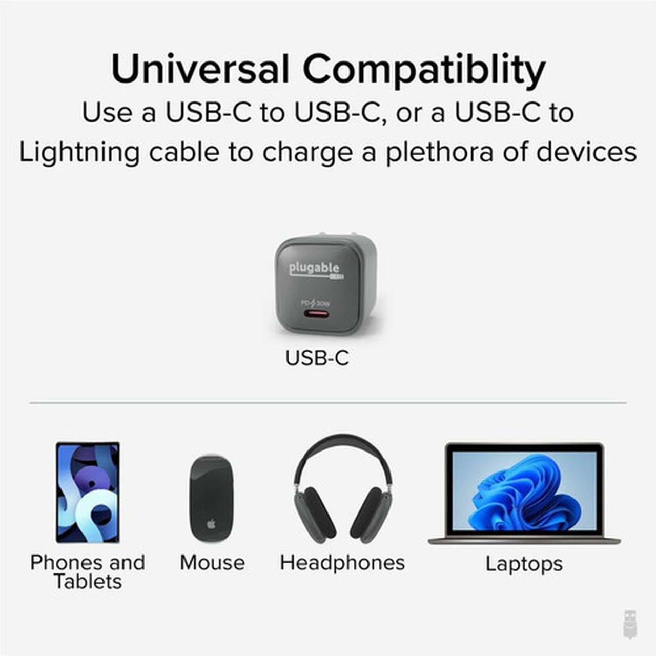 Plugable GaN USB C Charger Block 30W Portable Charger Foldable Prongs - PPS USBC Fast Charger for iPhone 14 iPad Pro Samsung S23 - PS-30C1B
