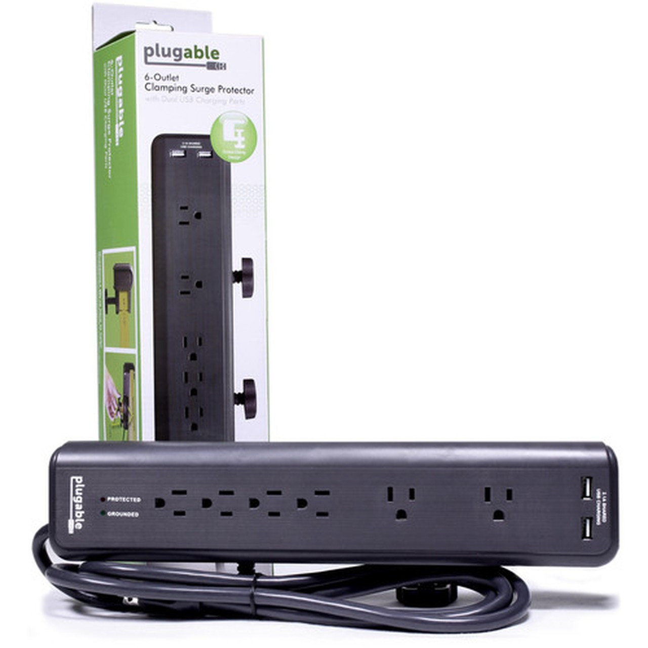 Plugable 6 AC Outlet Surge Protector with Clamp Mount for Workbench or Desk - Built-In 105W 2-Port USB Power for Android Apple iOS PS6-USB2DC