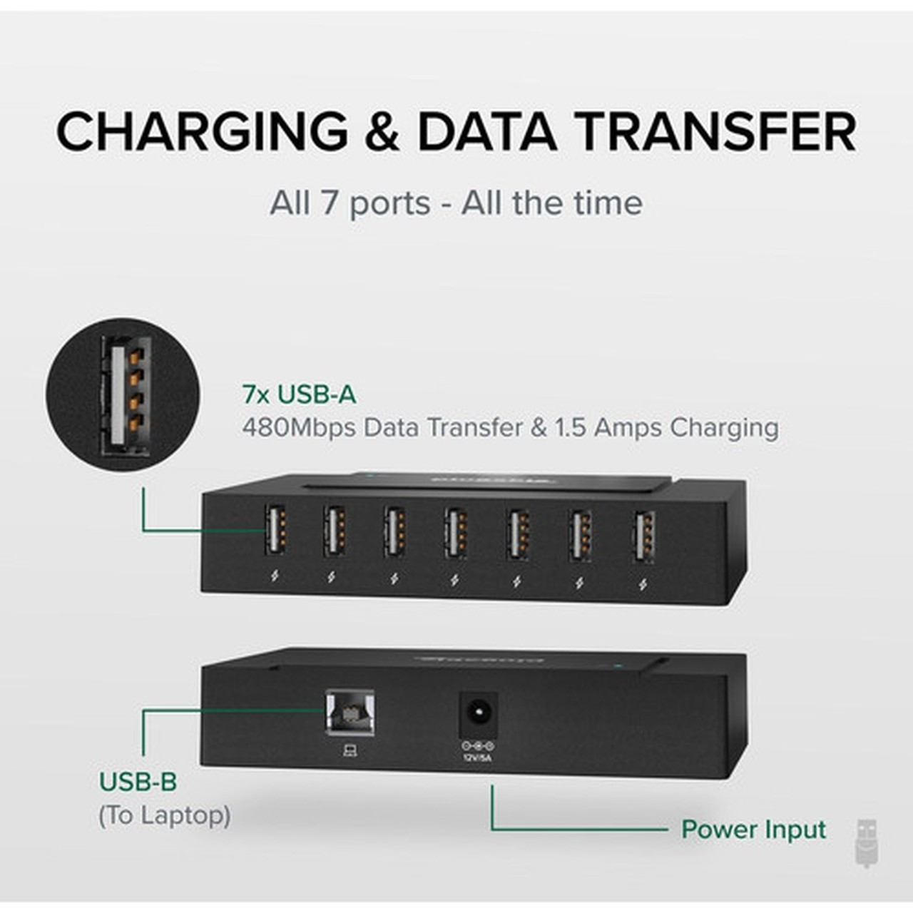 Plugable USB 20 7-Port High Speed Charging Hub with 60W Power Adapter - USB 20 Type A - External - 7 USB Ports - 7 USB 20 - PC USB2-HUB7BC