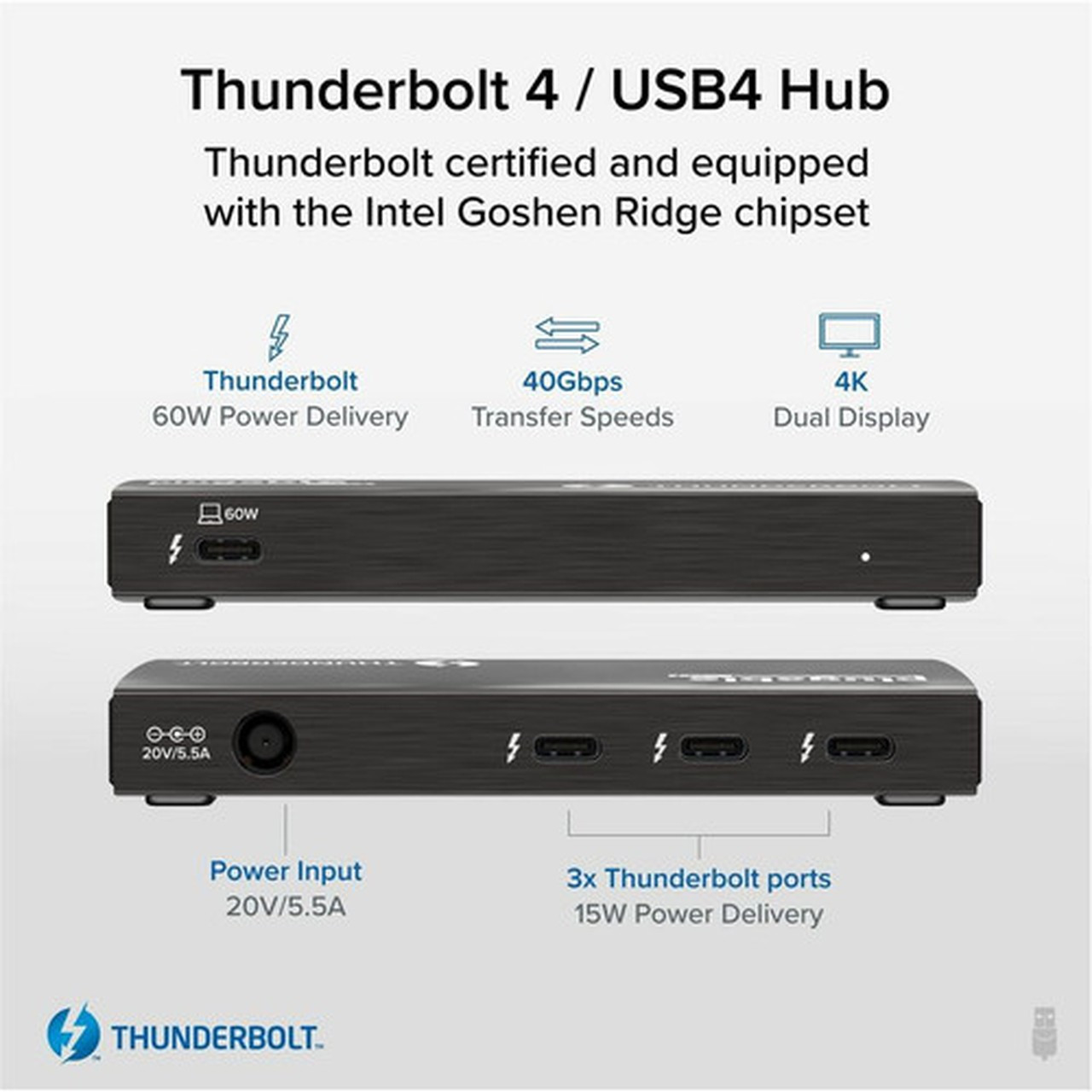 Plugable 4-Port Thunderbolt 4 Hub - USB Type C Thunderbolt 4 - External - 4 Thunderbolt Ports - PC Mac TBT4-HUB3C