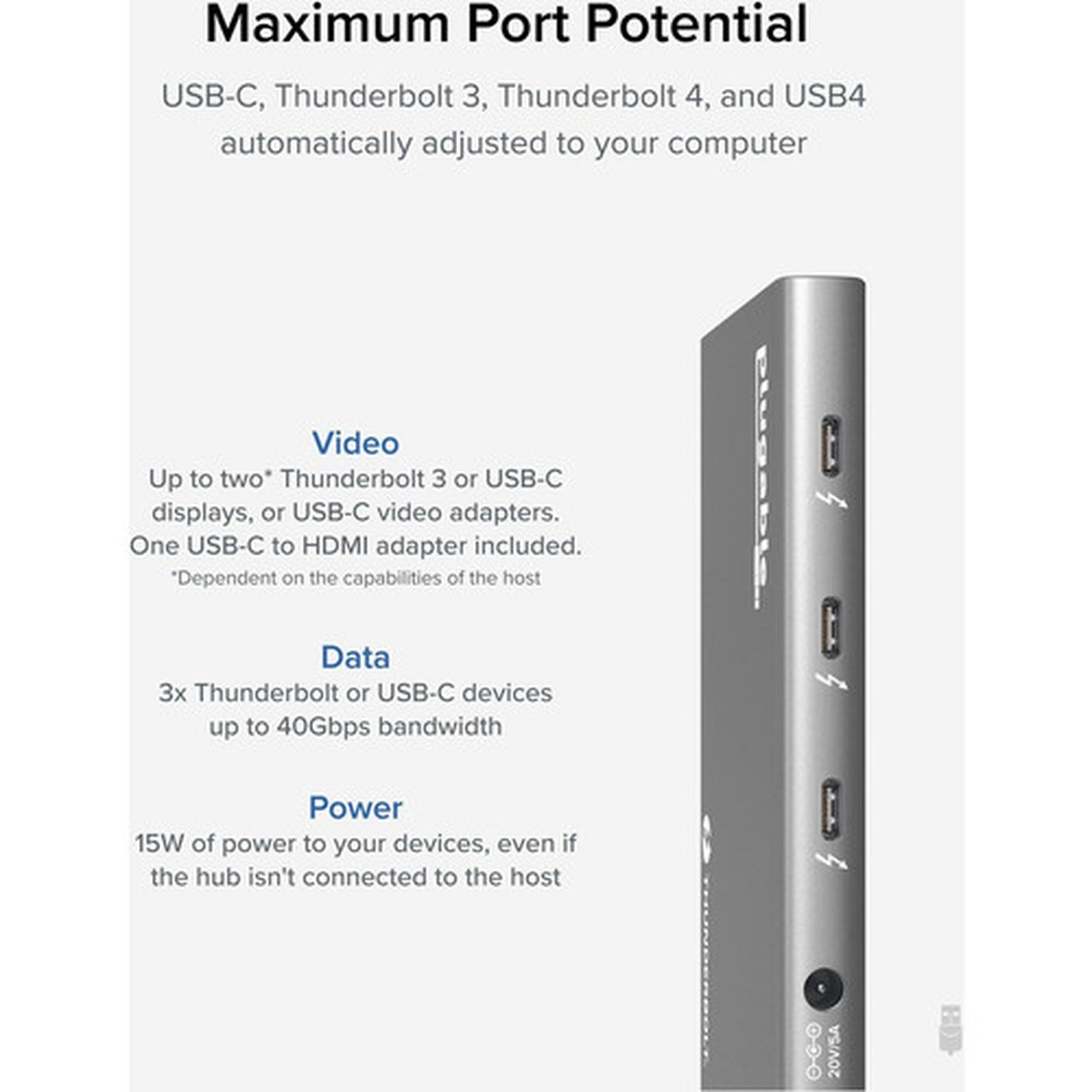 Plugable USB4 Hub 5-in-1 Thunderbolt 4 Hub with 60W Charging Single 8K or Dual 4K Display - 5-in-1 USB4 Hub with 60W charging 3x  USB4-HUB3A