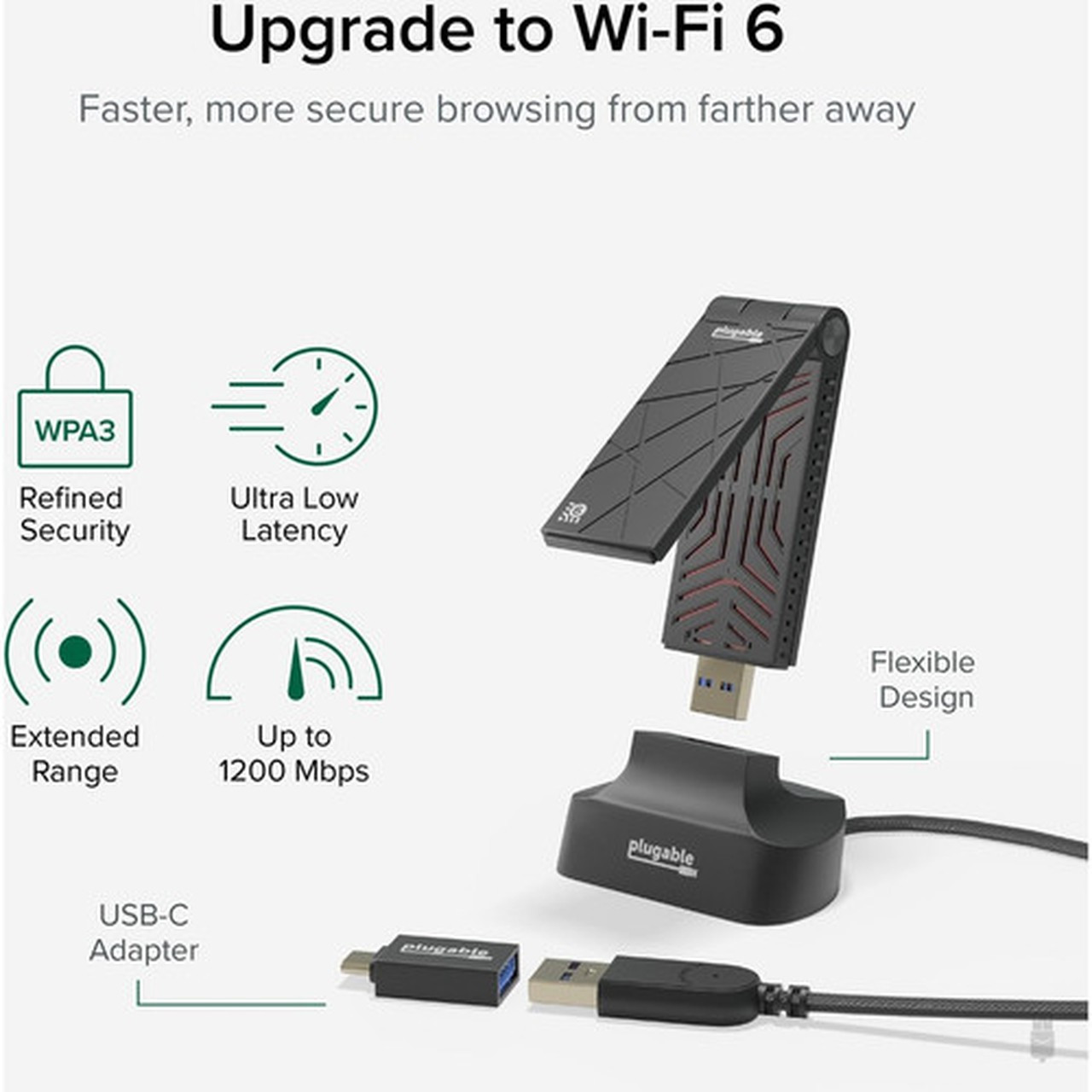 Plugable IEEE 80211ax Dual Band Wi-Fi Adapter for Desktop ComputerNotebook - USB - 240 GHz ISM - 5 GHz UNII USB-WIFIAX