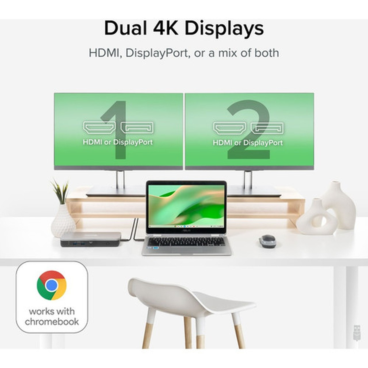 Plugable 12-in-1 Dual 4K USB C Docking Station Works with Chromebook Certified 60W Charging Dock - Compatible with ChromeOS 2x HDMI UD-MSTHDC