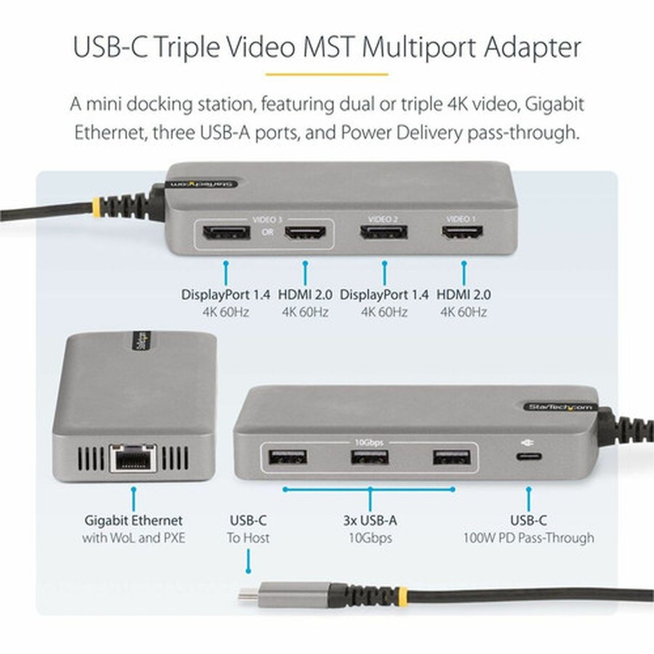 StarTechcom USB-C Triple-Monitor Multiport Adapter HDMI  DisplayPort 3x 10Gbps USB Hub PD Pass-Through GbE Travel Docking - USB 117B-USBC-MULTIPORT