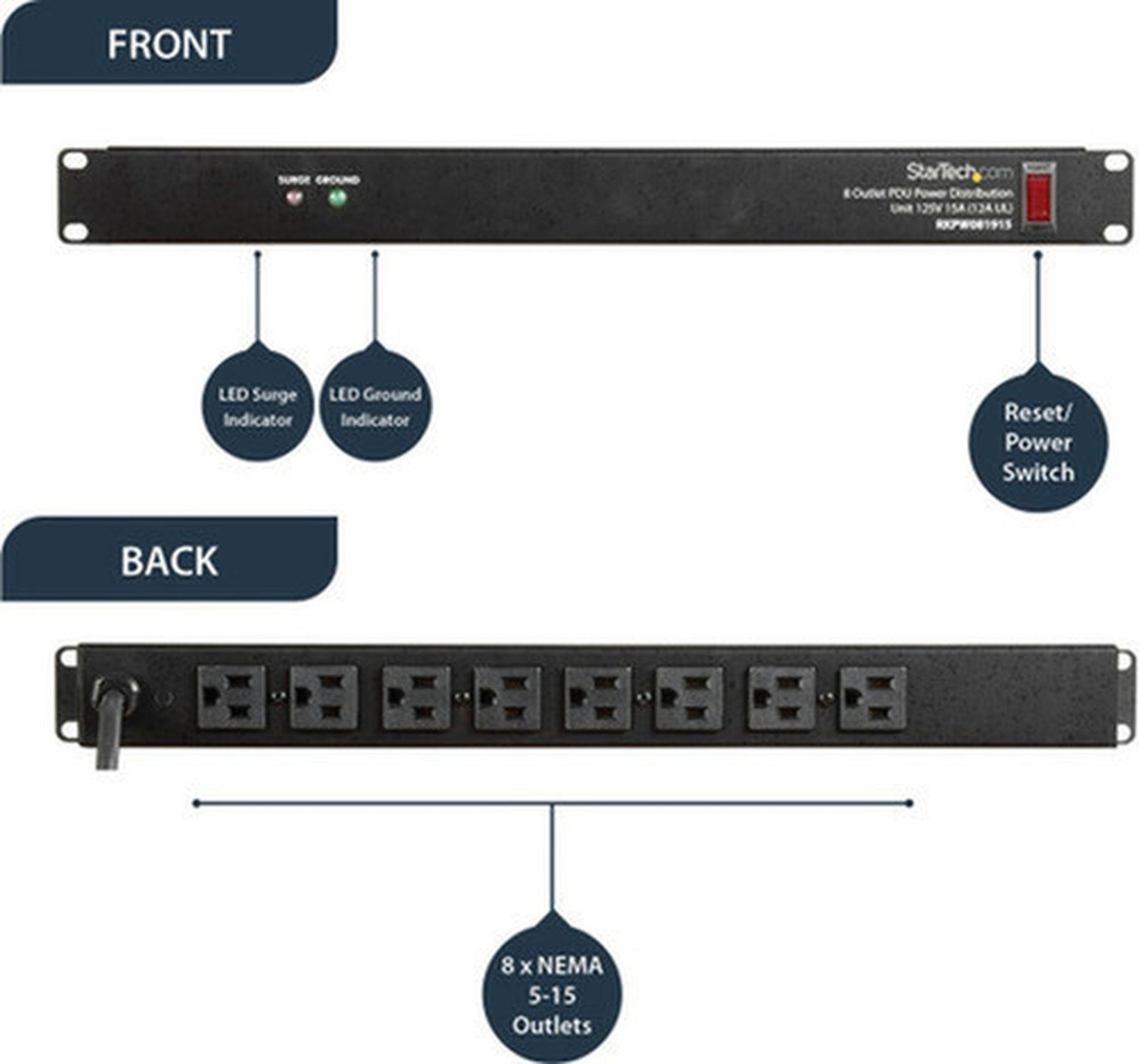 StarTechcom_8_Outlet_Horizontal_1U_Rack_Mount_PDU_Power_Strip_for_Network_Server_Racks_-_Surge_Protection_-_120V15A_-_w_6ft_Power_-_RKPW081915