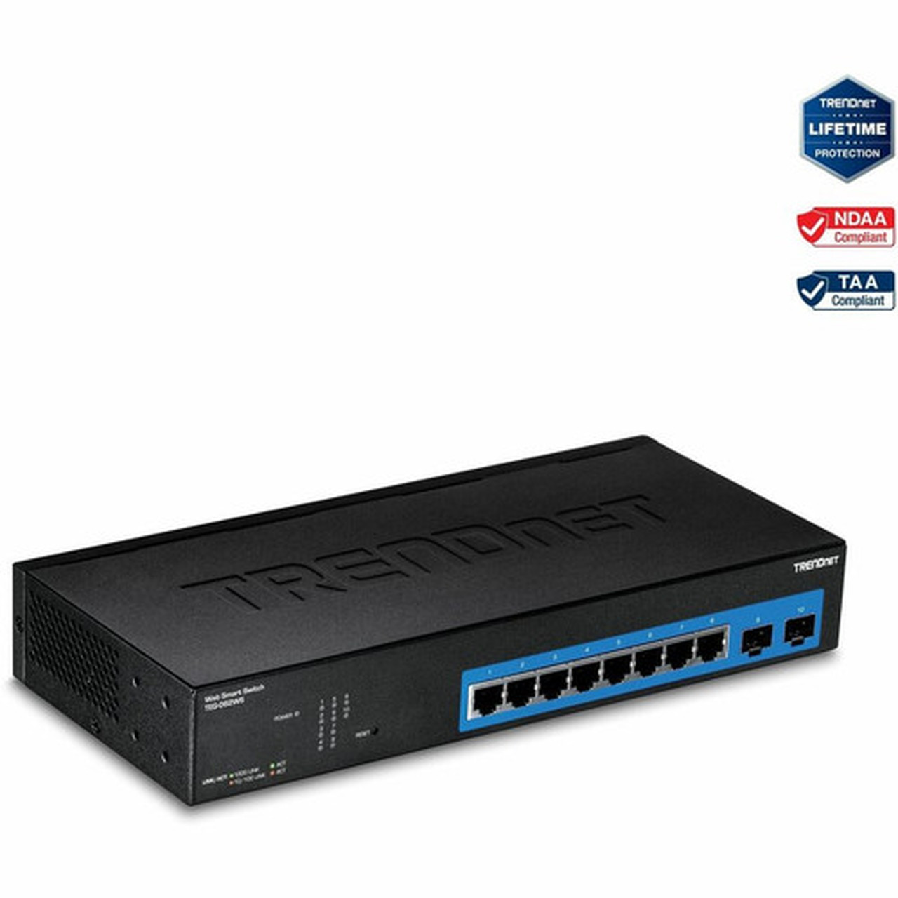 TRENDnet 10-Port Gigabit Web Smart Switch 20 Gbps Switching Capacity 8 x RJ-45 Ports 2 x SFP Slots VLAN QoS LACP IPv6 Support TEG-082WS