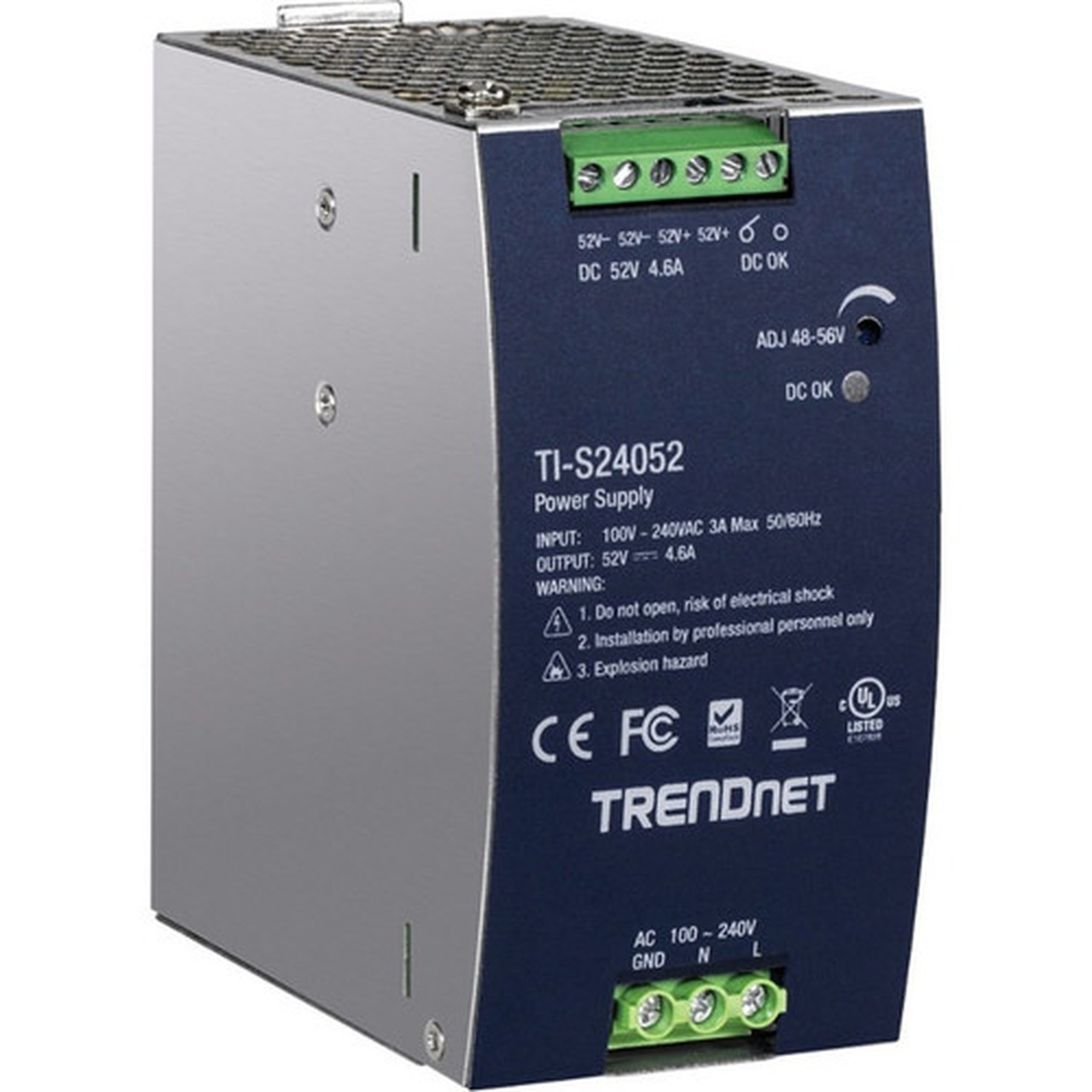 TRENDnet 240W 52V DC 461A AC to DC DIN-Rail Industrial Power Supply Built-In Power Factor Controller Function Extreme Operating - TI-S24052