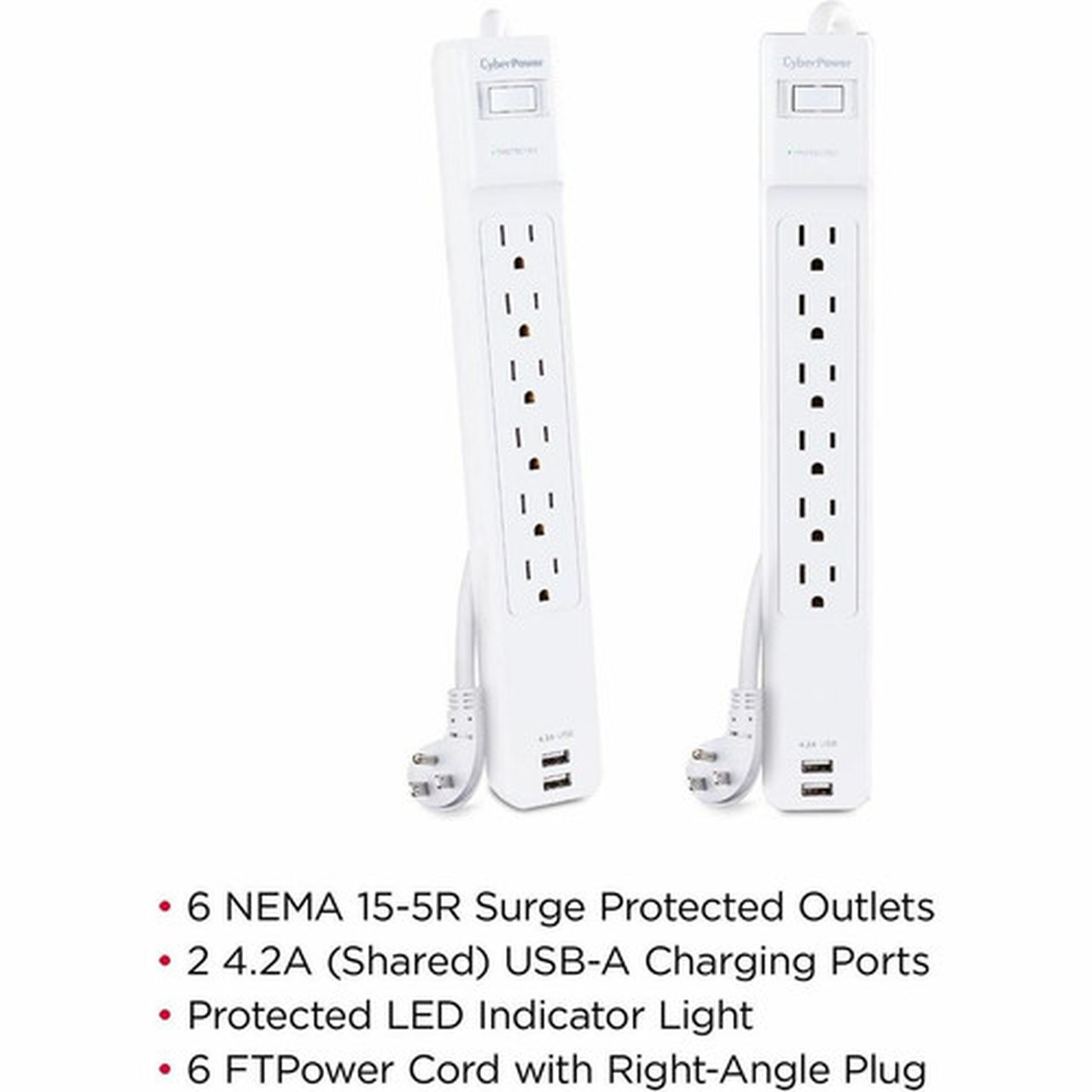 CyberPower Professional CSP606U42A Surge SuppressorProtector - 6 x NEMA 5-15R 2 x USB - 900 J - 125 V AC Input - 45 kA - 6 ft CSP606U42A