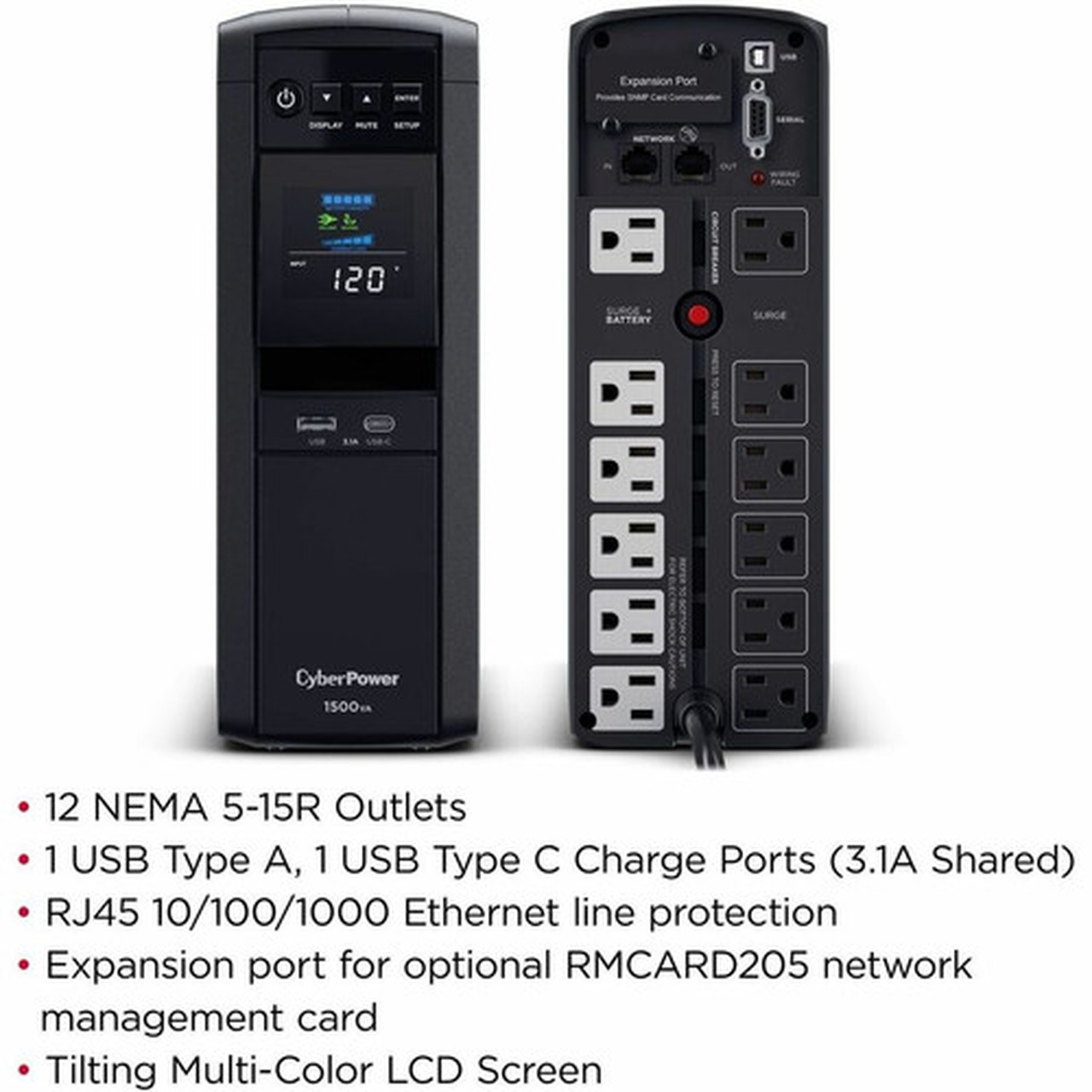 CyberPower CyberPower CP1500PFCLCDTAA TAA Compliant UPS System - 1500VA1000W 120 VAC NEMA 5-15P Mini-Tower Sine Wave 12 Outlets CP1500PFCLCDTAA