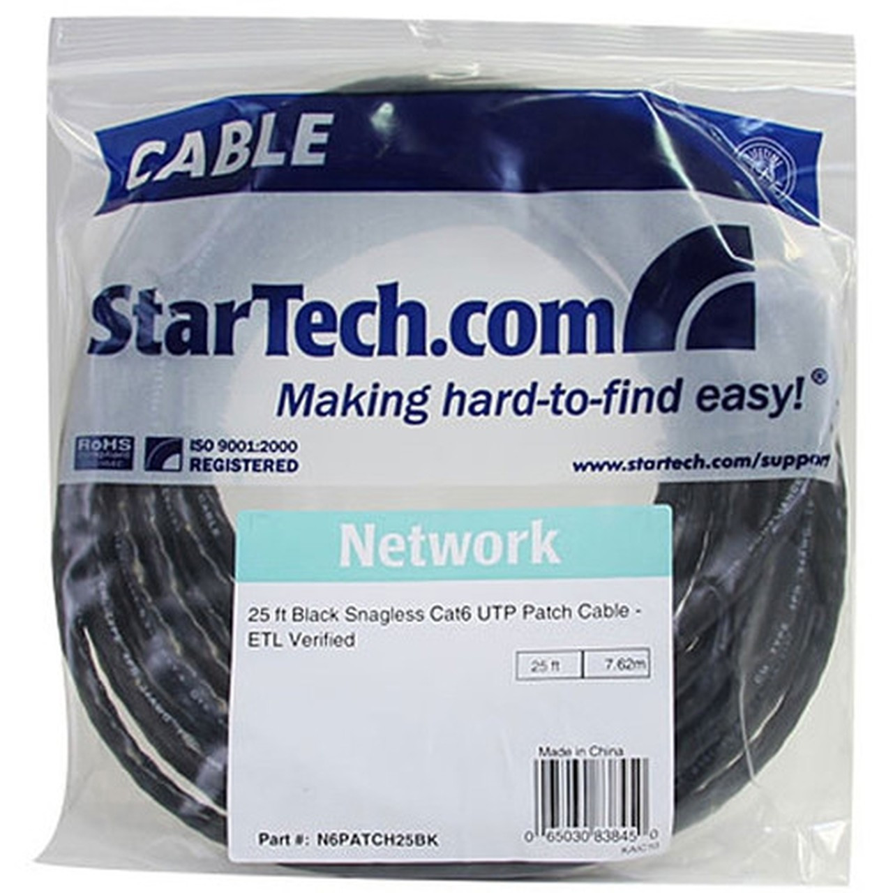 StarTechcom_25_ft_Black_Snagless_Cat6_UTP_Patch_Cable_-_Category_6_-_25_ft_-_1_x_RJ-45_Male_Network_-_1_x_RJ-45_Male_Network_-_Black_N6PATCH25BK