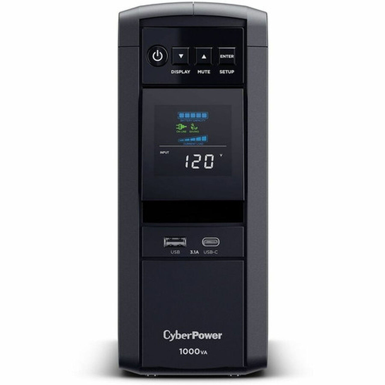 CyberPower_CP1000PFCLCD_UPS_1000VA_600W_PFC_compatible_Pure_sine_wave_-_1000VA600WMini-tower_3Minute_Full_Load_-_10_x_NEMA_5-15R_-_CP1000PFCLCD