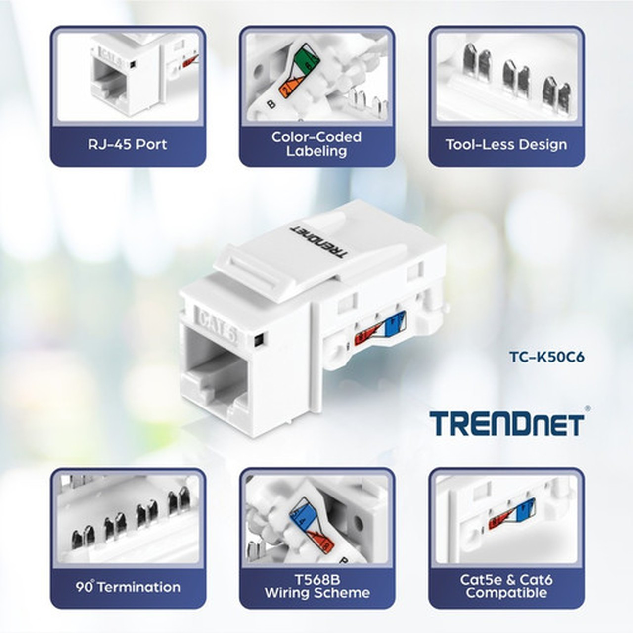 TRENDnet Cat6 Keystone Jack 50-Pack Bundle TC-K50C6 Compatible with Cat5Cat5eCat6 Cabling Cat6 RJ45 Keystone Jacks Use with the - TC-K50C6