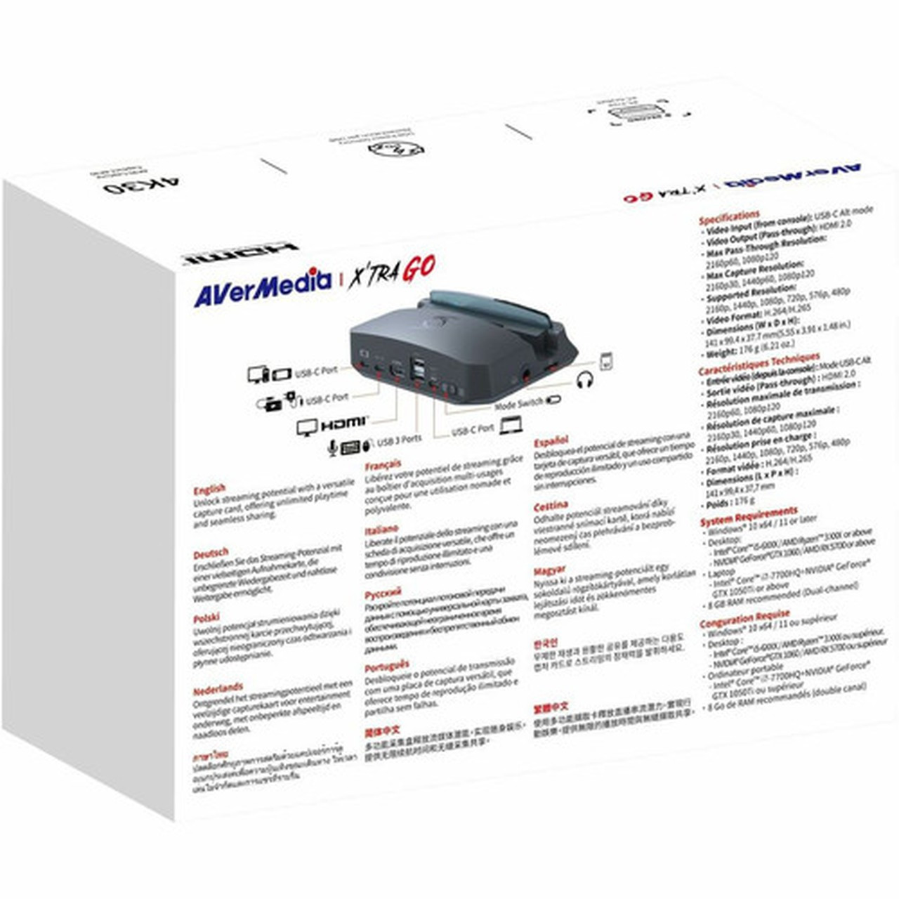 AVerMedia XTRA GO GC515 - Functions Video Recording Video Game Recording - 2160p 1440p 1080p 720p 576p 480p - 120 fps - 4K - GC515-Black