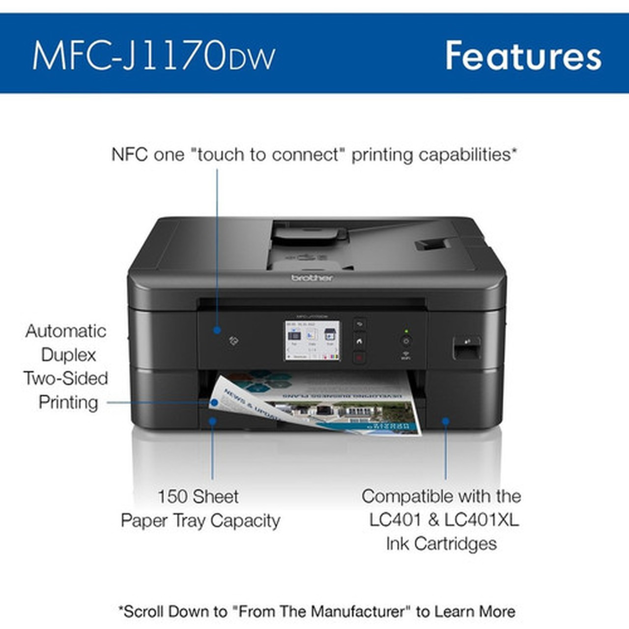 Brother MFC-J1170DW Wireless Inkjet Multifunction Printer - Color - CopierFaxPrinterScanner - 17 ppm Mono165 ppm Color Print - x MFCJ1170DW