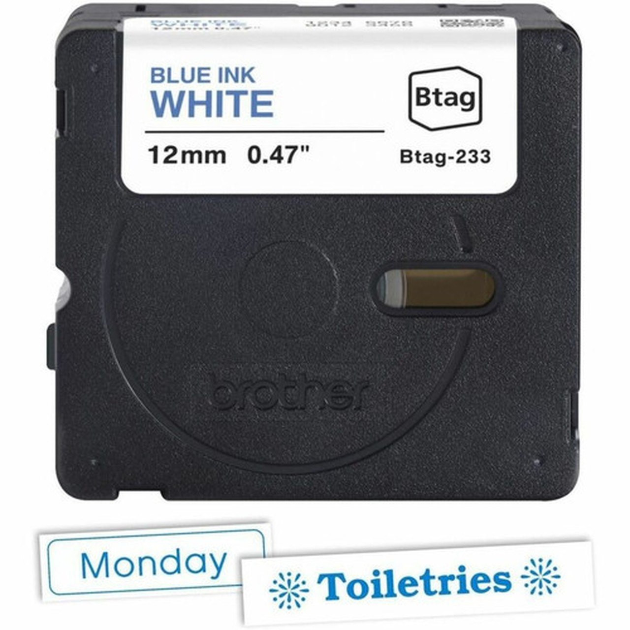 Brother P-touch BTAG-233 Blue on White Label Tape - 1532 12 mm Width x 13 18 ft 4 m Length - Blue on White - Water Resistant - BTAG233