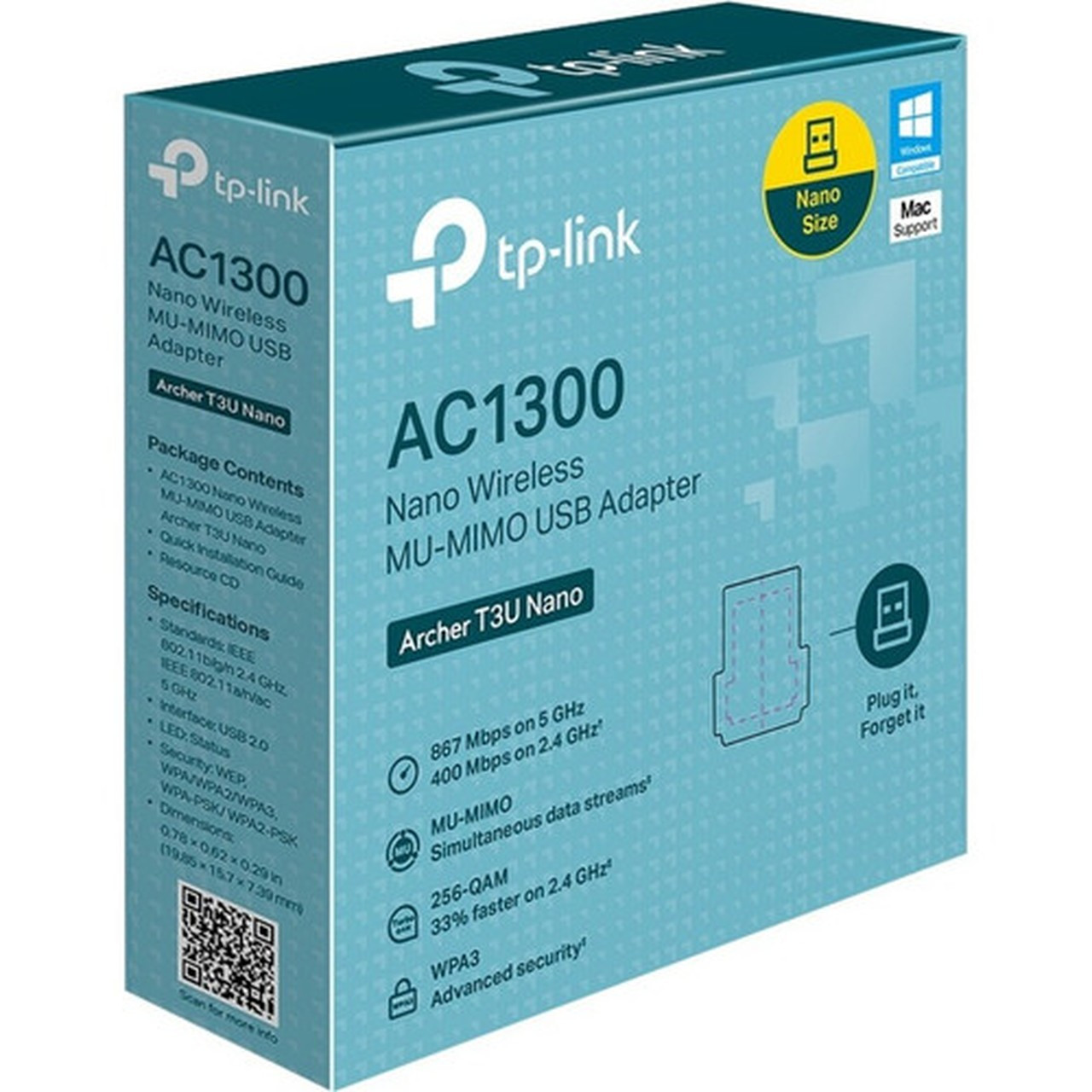 TP-Link Archer T3U Nano - AC1300 24G5G Dual Band Nano USB WiFi Adapter for PC - USB 20 Type A - 127 Gbits - 240 GHz ISM - 5 GHz ARCHER T3U NANO