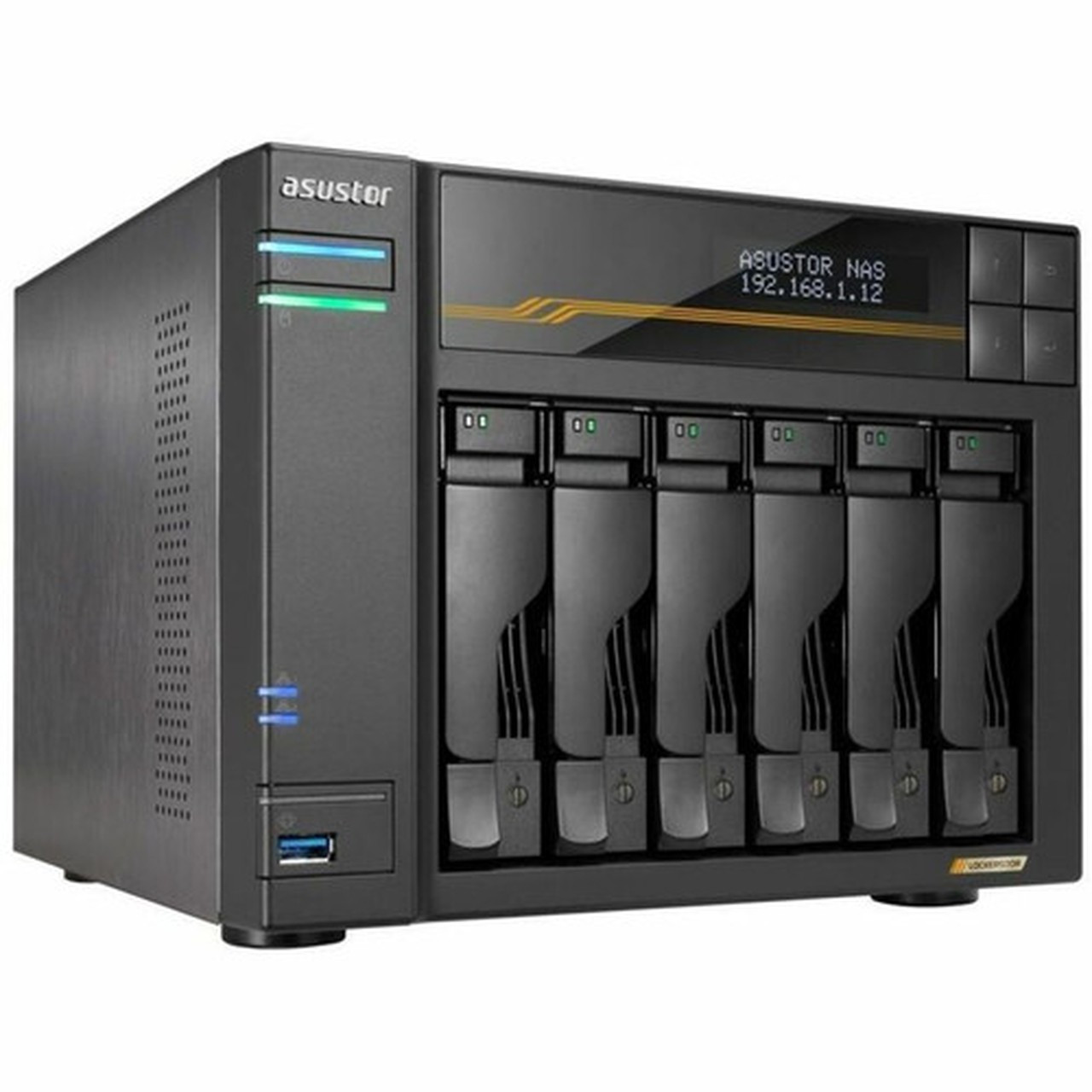 Asustor Lockerstor 6 Gen3 AS6806T 6 Bay NAS AMD Ryzen Quad-Core 23 GHz 16GB RAM ECC DDR5 4 M2 NVMe Slots Dual 5GbE and Dual USB AS6806T