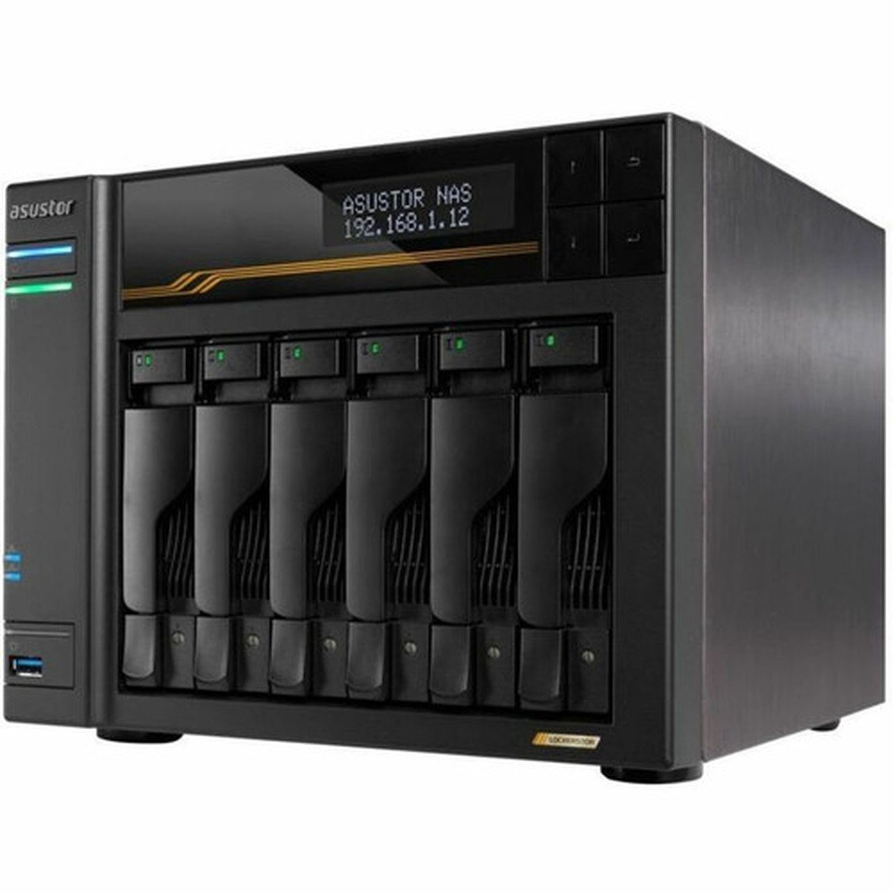 Asustor Lockerstor 6 Gen3 AS6806T 6 Bay NAS AMD Ryzen Quad-Core 23 GHz 16GB RAM ECC DDR5 4 M2 NVMe Slots Dual 5GbE and Dual USB AS6806T