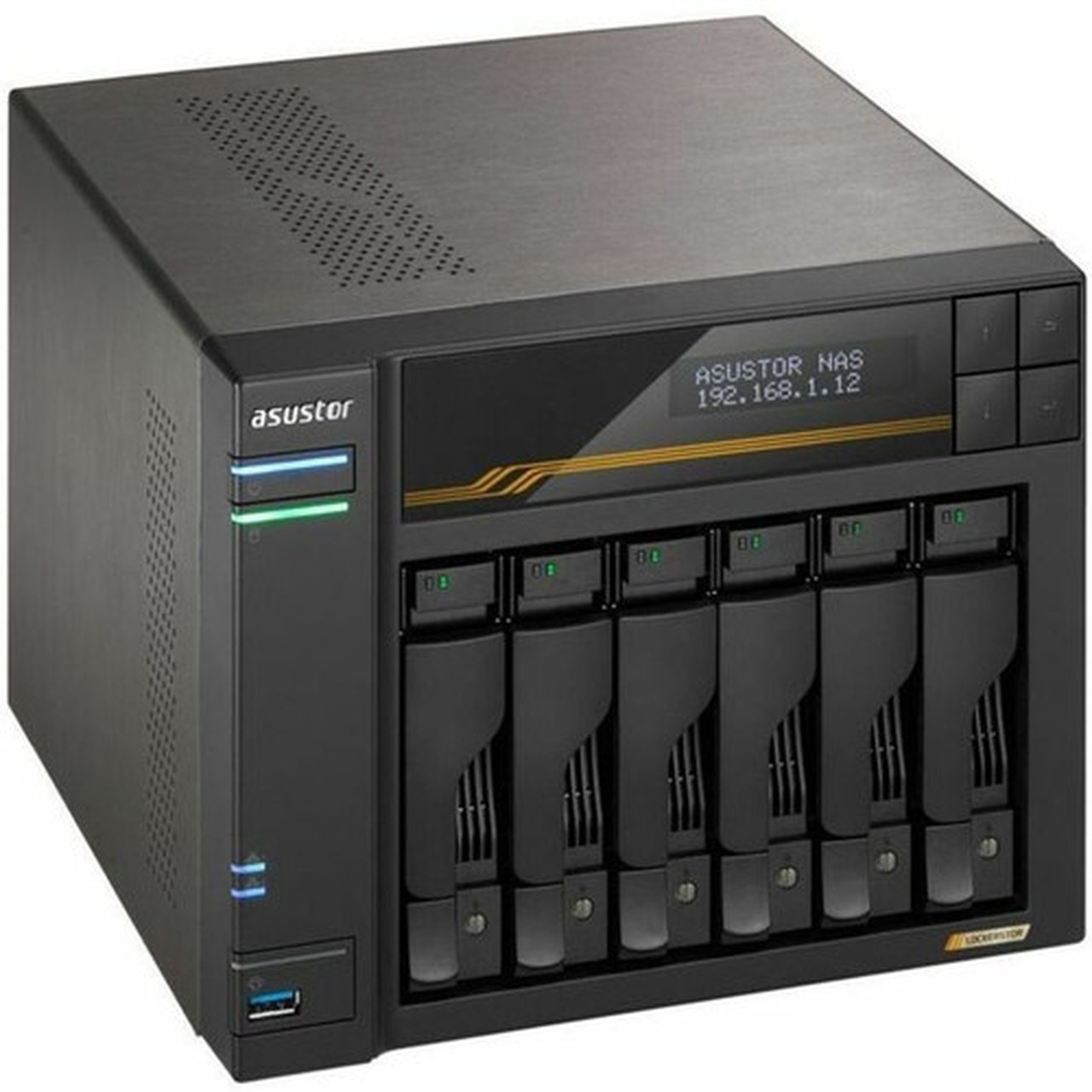 Asustor Lockerstor 6 Gen3 AS6806T 6 Bay NAS AMD Ryzen Quad-Core 23 GHz 16GB RAM ECC DDR5 4 M2 NVMe Slots Dual 5GbE and Dual USB AS6806T