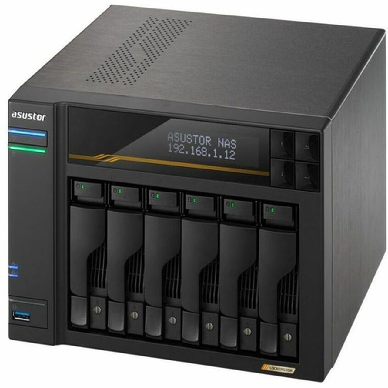 Asustor Lockerstor 6 Gen3 AS6806T 6 Bay NAS AMD Ryzen Quad-Core 23 GHz 16GB RAM ECC DDR5 4 M2 NVMe Slots Dual 5GbE and Dual USB AS6806T