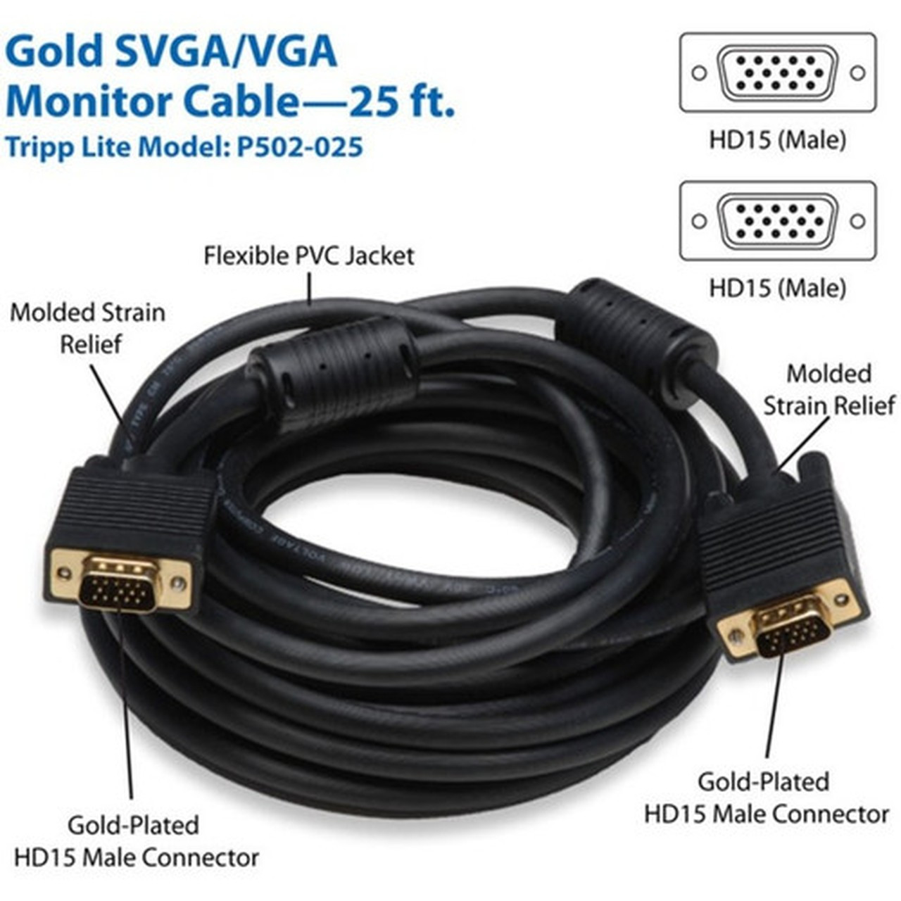 Tripp Lite 25ft SVGA  VGA Coax Monitor Cable with RGB High Resolution HD15 MM 25 - HD-15 Male - HD-15 Male - 762m - Black P502-025