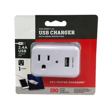 1 Outlet Power Tap - 150J Surge protection 1 Fast Charge USB Port - White FN-PB-131-WH